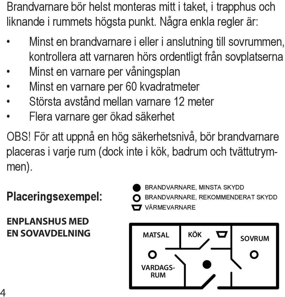 Några enkla regler är: Minst en brandvarnare i eller i anslutning till sovrummen, kontrollera att varnaren hörs ordentligt från sovplatserna Minst en varnare per