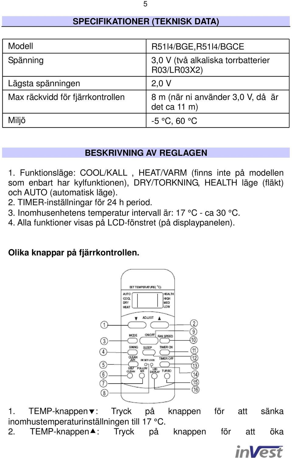 Funktionsläge: COOL/KALL, HEAT/VARM (finns inte på modellen som enbart har kylfunktionen), DRY/TORKNING, HEALTH läge (fläkt) och AUTO (automatisk läge). 2.