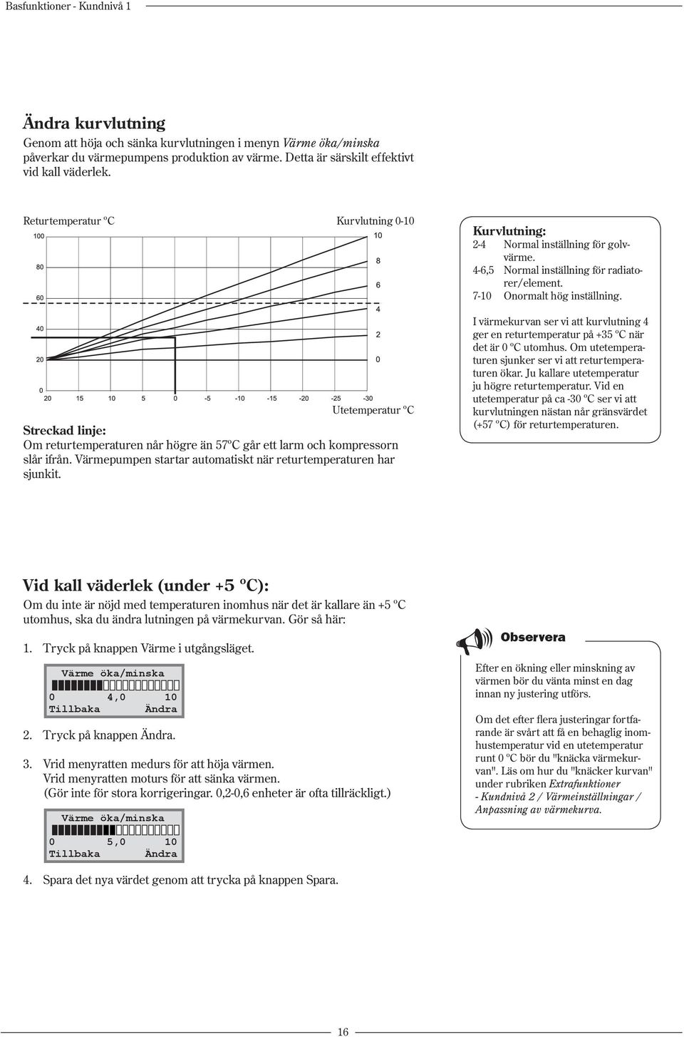 Värmepumpen startar automatiskt när returtemperaturen har sjunkit. Kurvlutning: 2-4 Normal inställning för golvvärme. 4-6,5 Normal inställning för radiatorer/element. 7-10 Onormalt hög inställning.