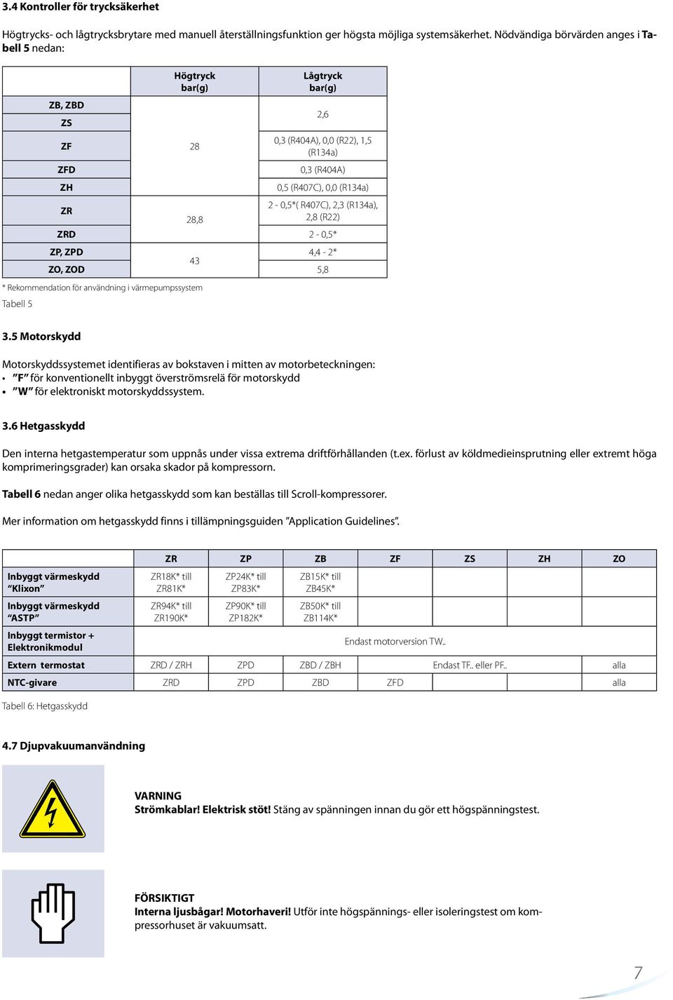 2,3 (R134a), 28,8 2,8 (R22) ZRD 2-0,5* ZP, ZPD 4,4-2* 43 ZO, ZOD 5,8 * Rekommendation för användning i värmepumpssystem Tabell 5 3.