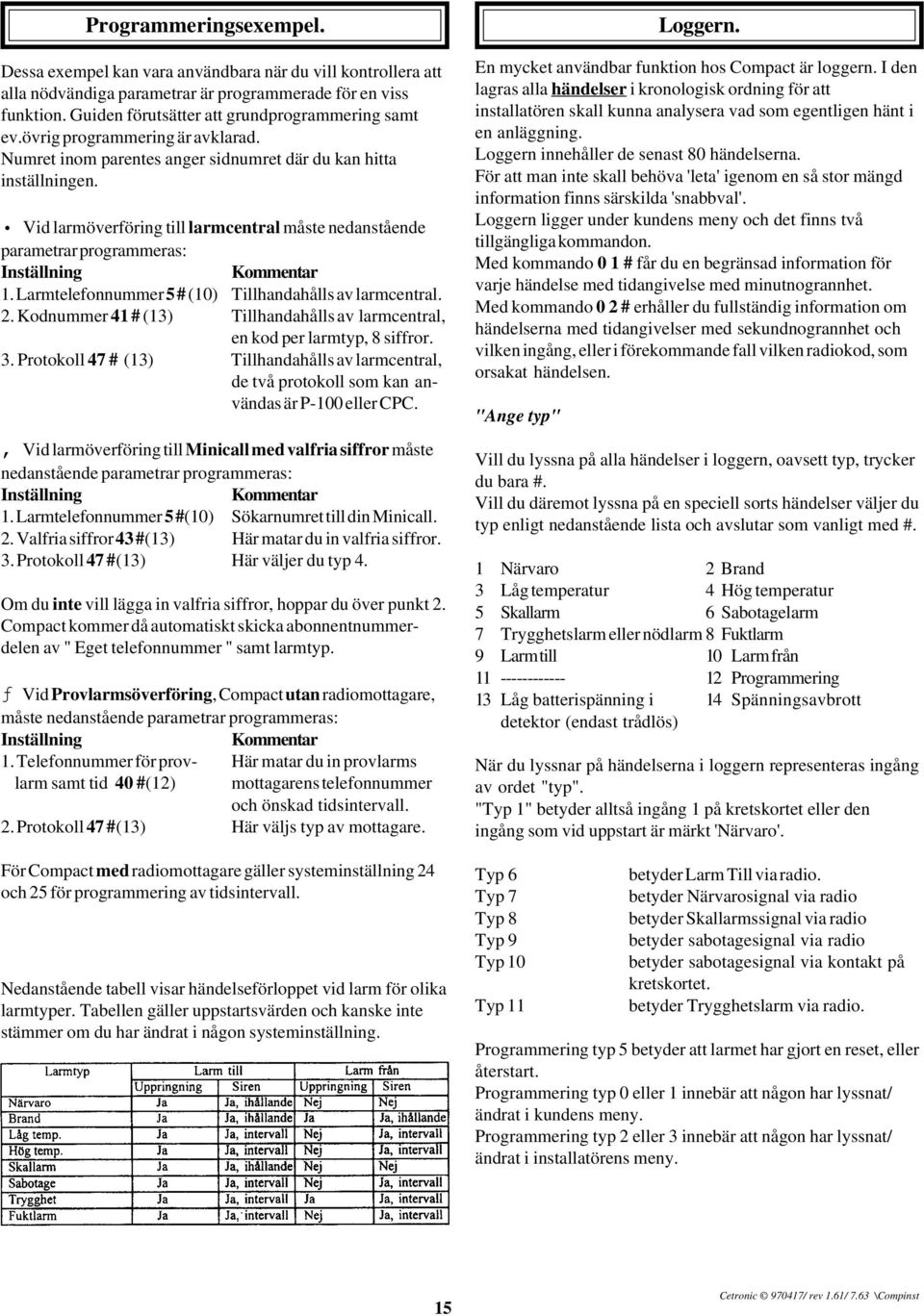 Vid larmöverföring till larmcentral måste nedanstående parametrar programmeras: Inställning Kommentar 1. Larmtelefonnummer 5 # (10) Tillhandahålls av larmcentral. 2.