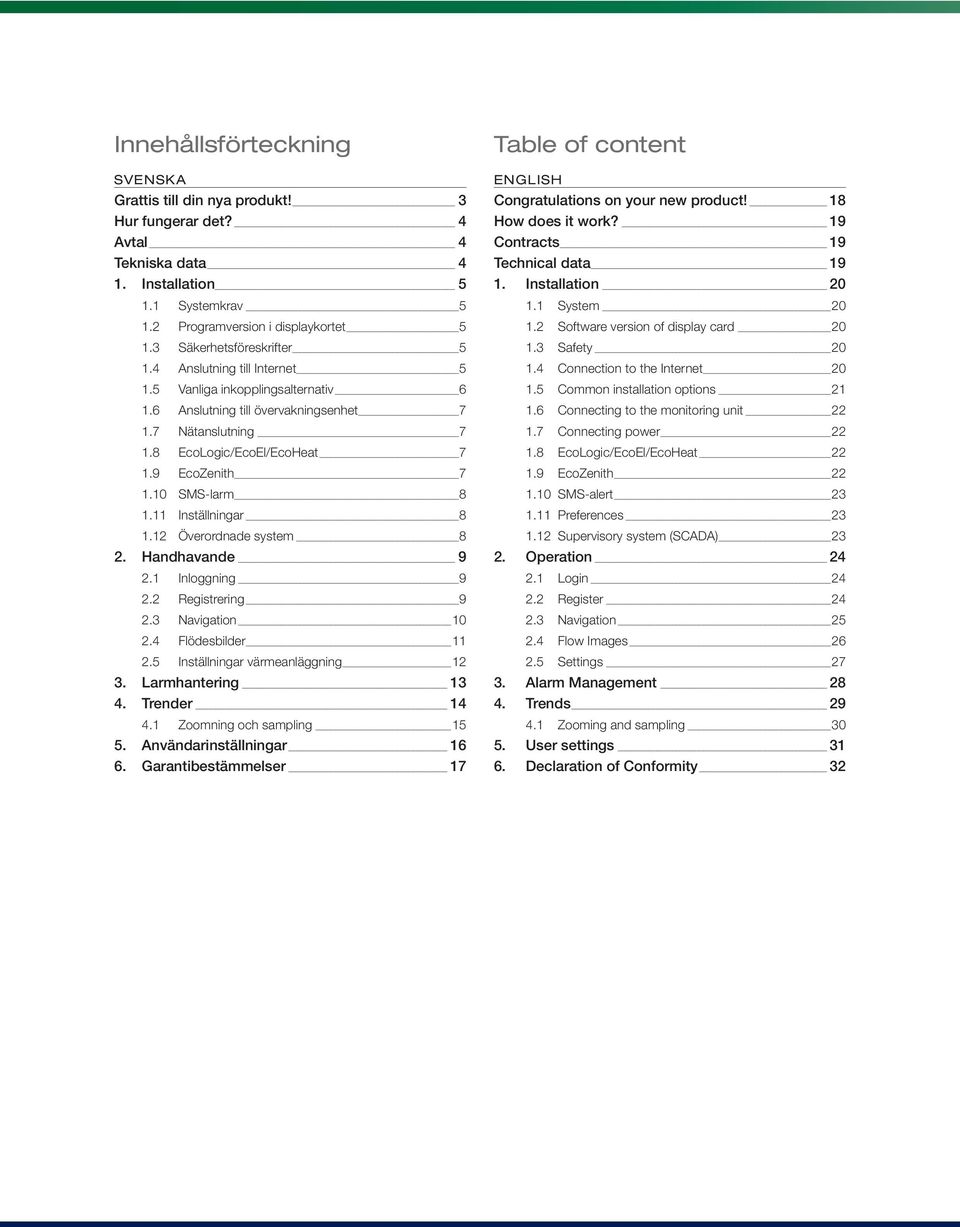 10 SMS-larm 8 1.11 Inställningar 8 1.12 Överordnade system 8 2. Handhavande 9 2.1 Inloggning 9 2.2 Registrering 9 2.3 Navigation 10 2.4 Flödesbilder 11 2.5 Inställningar värmeanläggning 12 3.