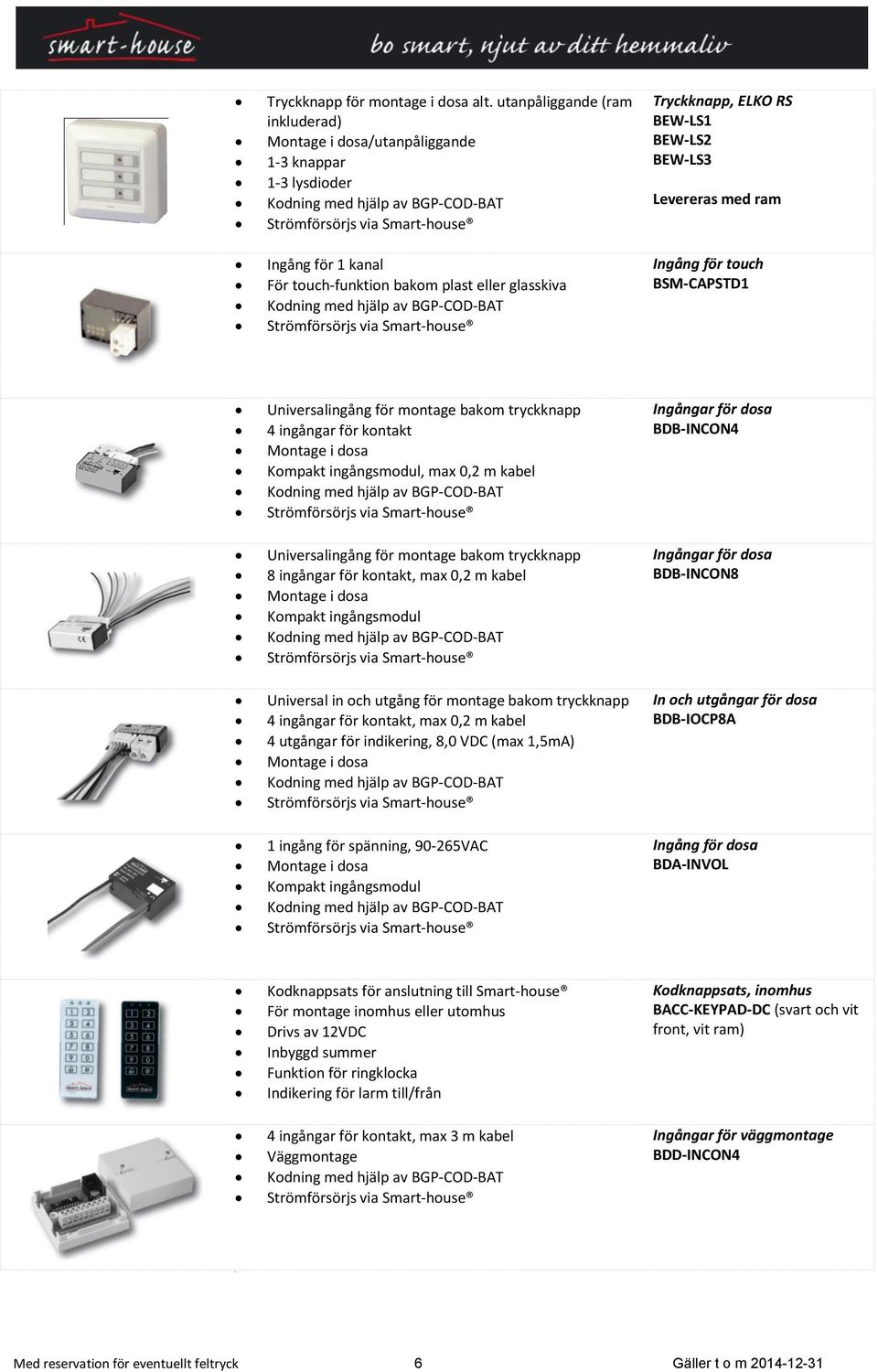 Levereras med ram Ingång för touch BSM-CAPSTD1 Universalingång för montage bakom tryckknapp 4 ingångar för kontakt Montage i dosa Kompakt ingångsmodul, max 0,2 m kabel Universalingång för montage