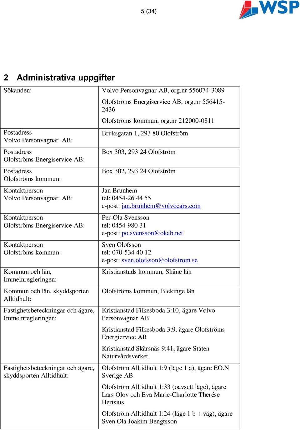 Kontaktperson Olofströms kommun: Kommun och län, Immelnregleringen: Kommun och län, skyddsporten Alltidhult: Fastighetsbeteckningar och ägare, Immelnregleringen: Fastighetsbeteckningar och ägare,