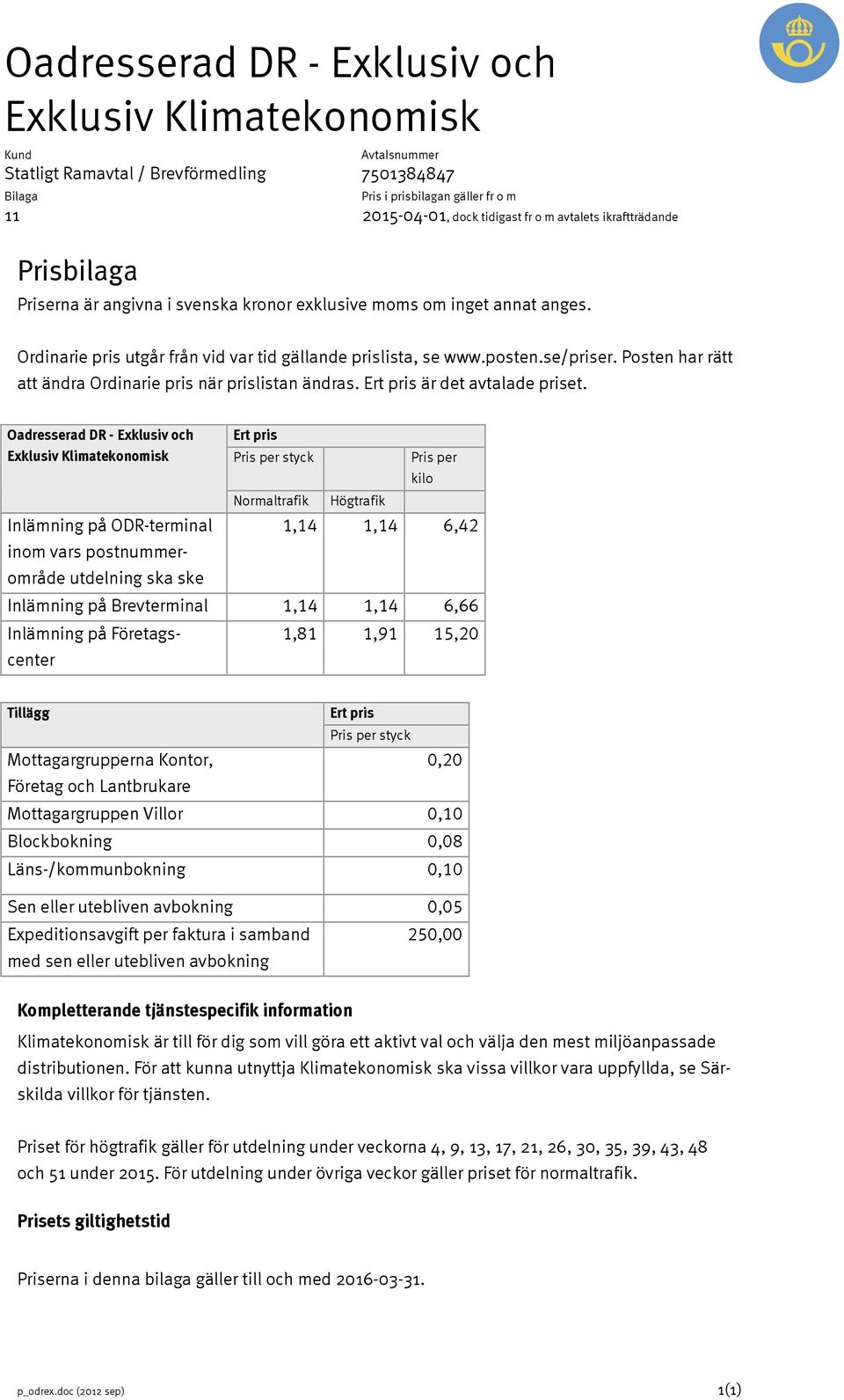 Oadresserad DR - Exklusiv och Exklusiv Klimatekonomisk Pris per styck Pris per kilo Normaltrafik Högtrafik Inlämning på ODR-terminal 1,14 1,14 6,42 inom vars postnummerområde utdelning ska ske