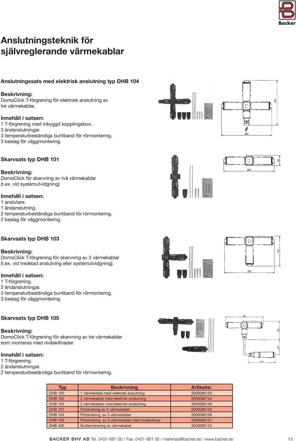 Skarvsats typ DHB 101 Beskrivning: DomoClick för skarvning av två värmekablar (t.ex. vid systemutvidgning) Innehåll i satsen: 1 anslutare. 1 ändanslutning.