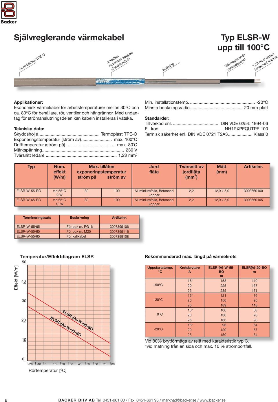 Tekniska data: Skyddshölje... Termoplast TPE-O Exponeringstemperatur (ström av)... max. 100 C Drifttemperatur (ström på)...max. 80 C Märkspänning... 230 V Tvärsnitt ledare... 1,23 mm² Min.