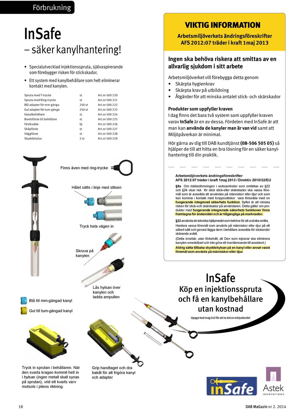 nr 500 222 Gul adapter för tum-gänga 250 st Art.nr 500 223 Kanylbehållare st Art.nr 500 224 Bordsfäste till behållare st Art.nr 500 225 Fästkudde fp Art.nr 500 226 Skåpfäste st Art.