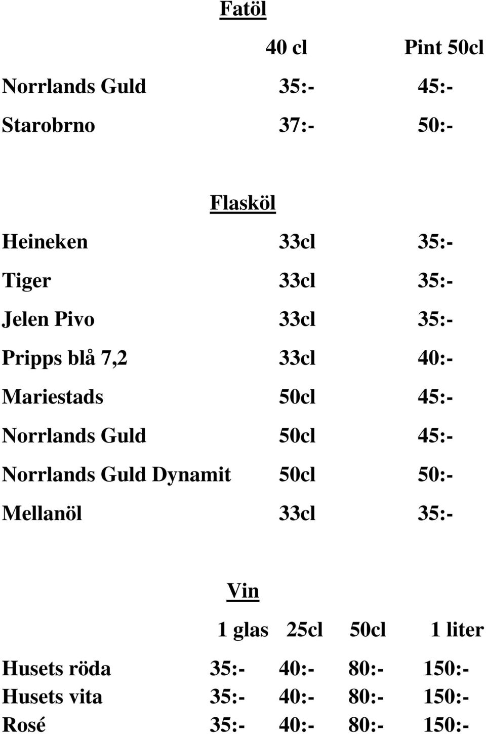 Guld 50cl 45:- Norrlands Guld Dynamit 50cl 50:- Mellanöl 33cl 35:- Vin 1 glas 25cl 50cl 1