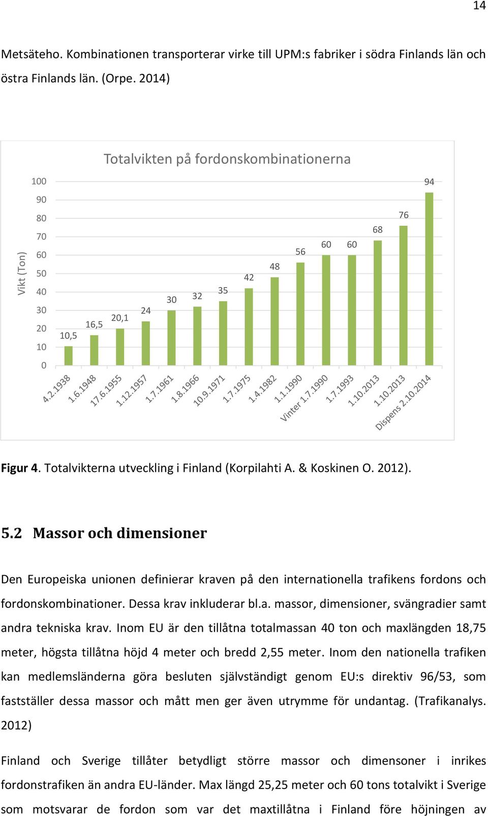 2012). 5.2 Massor och dimensioner Den Europeiska unionen definierar kraven på den internationella trafikens fordons och fordonskombinationer. Dessa krav inkluderar bl.a. massor, dimensioner, svängradier samt andra tekniska krav.