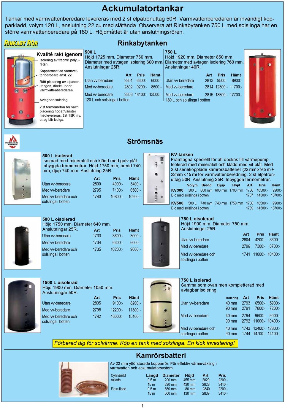 Varmvattenberedaren är invändigt kopparklädd, volym 120 L, anslutning 22 cu med slätända. Observera att Rinkabytanken 750 L med solslinga har en större varmvattenberedare på 180 L.