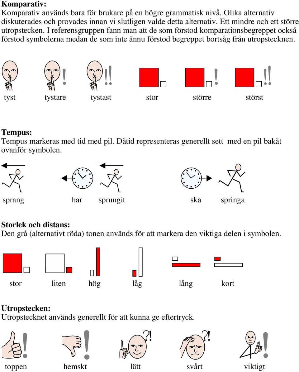 I referensgruppen fann man att de som förstod komparationsbegreppet också förstod symbolerna medan de som inte ännu förstod begreppet bortsåg från utropstecknen.