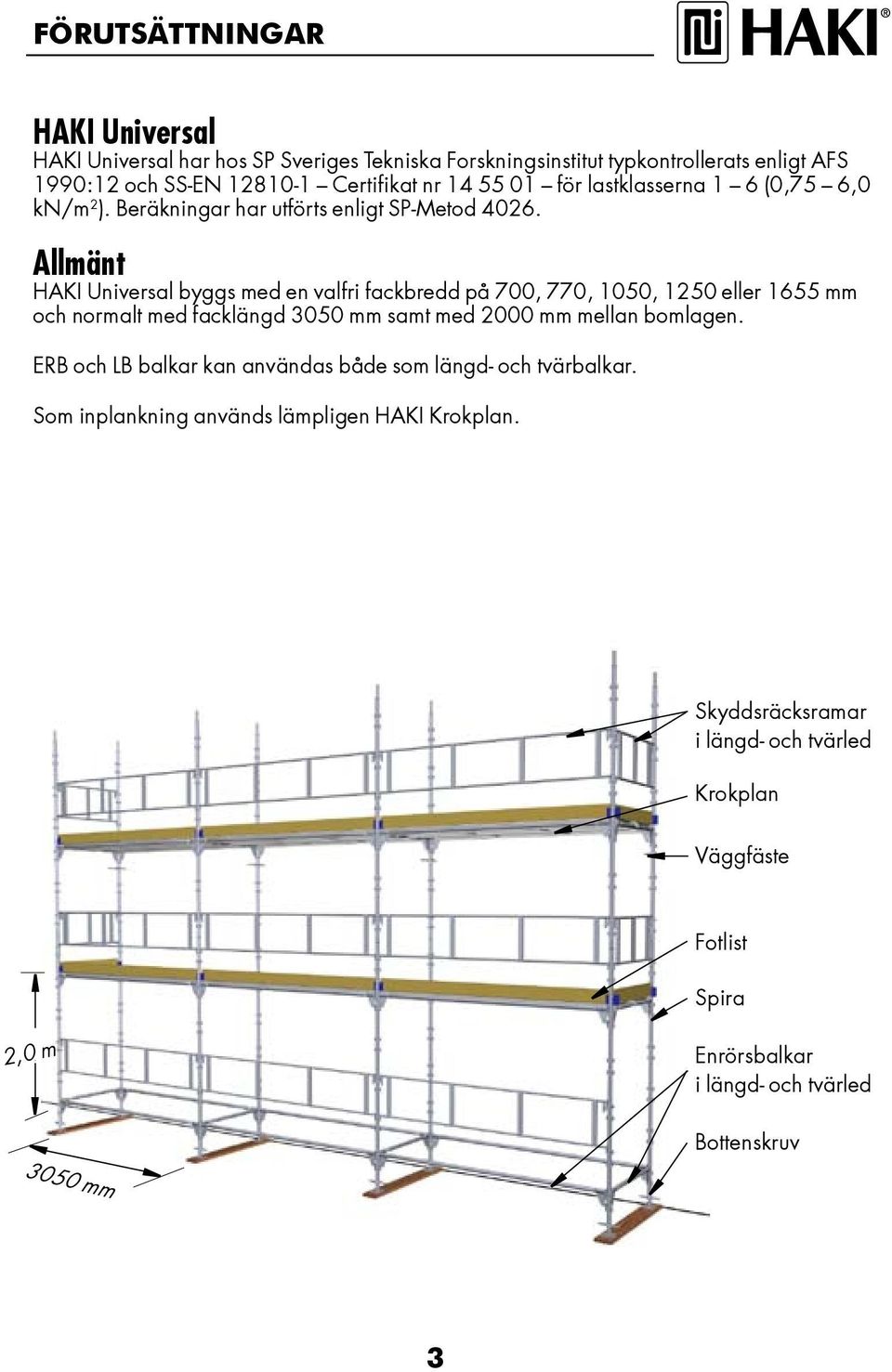 Allmänt HAKI Universal byggs med en valfri fackbredd på 700, 770, 100, 120 eller 1 mm och normalt med facklängd 00 mm samt med 2000 mm mellan bomlagen.