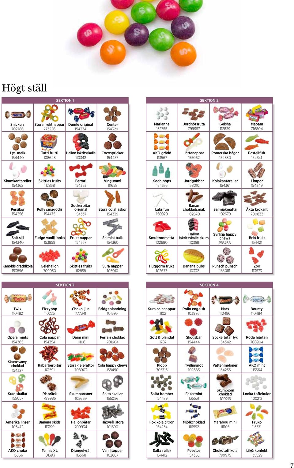 Vingummi 111658 Soda pops 154376 Jordgubbar 158010 Kolakantareller 154361 Limpor 154349 Persikor 154356 Polly smågodis 154475 Sockerbitar original 154337 Stora colaflaskor 154339 Lakrifun 158029