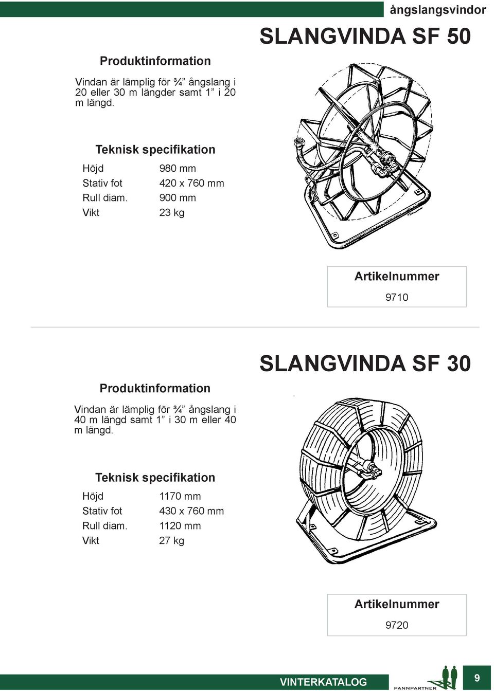 Vikt 980 mm 420 x 760 mm 900 mm 23 kg 9710 SLANGVINDA SF 30 Produktinformation Vindan är