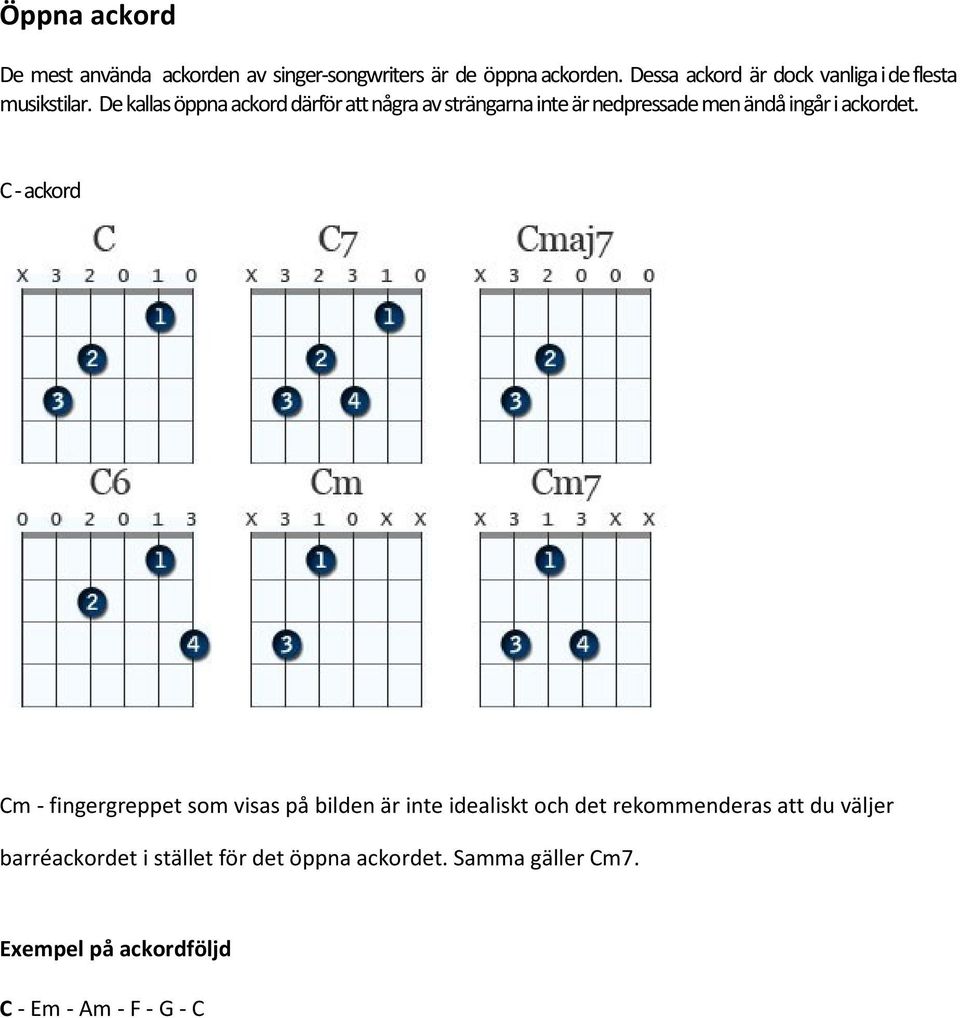 De kallas öppna ackord därför att några av strängarna inte är nedpressade men ändå ingår i ackordet.