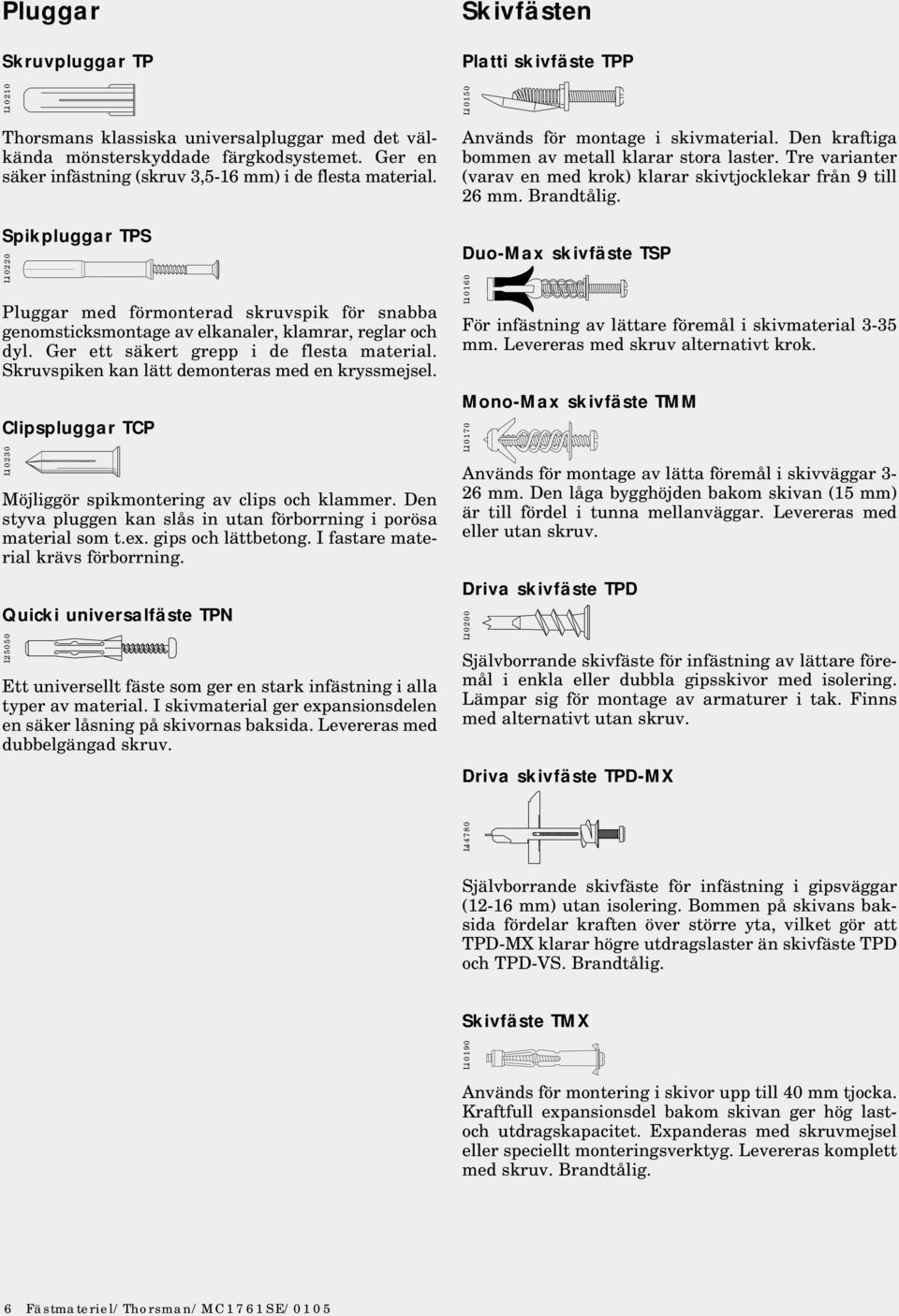 Skruvspiken kan lätt demonteras med en kryssmejsel. Clipspluggar TCP L10230 Möjliggör spikmontering av clips och klammer. Den styva pluggen kan slås in utan förborrning i porösa material som t.ex.