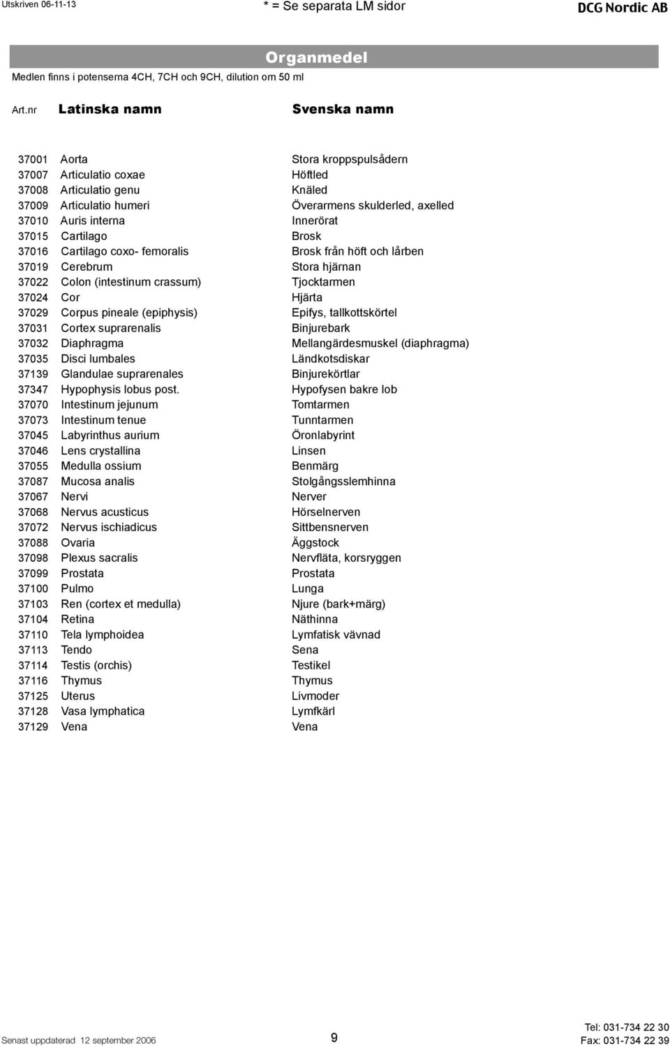 interna Innerörat 37015 Cartilago Brosk 37016 Cartilago coxo- femoralis Brosk från höft och lårben 37019 Cerebrum Stora hjärnan 37022 Colon (intestinum crassum) Tjocktarmen 37024 Cor Hjärta 37029