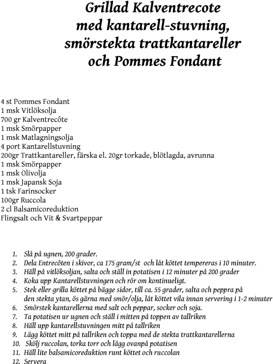 20gr torkade, blötlagda, avrunna 1 msk Smörpapper 1 msk Olivolja 1 msk Japansk Soja 1 tsk Farinsocker 100gr Ruccola 2 cl Balsamicoreduktion Flingsalt och Vit & Svartpeppar 1. Slå på ugnen, 200 grader.