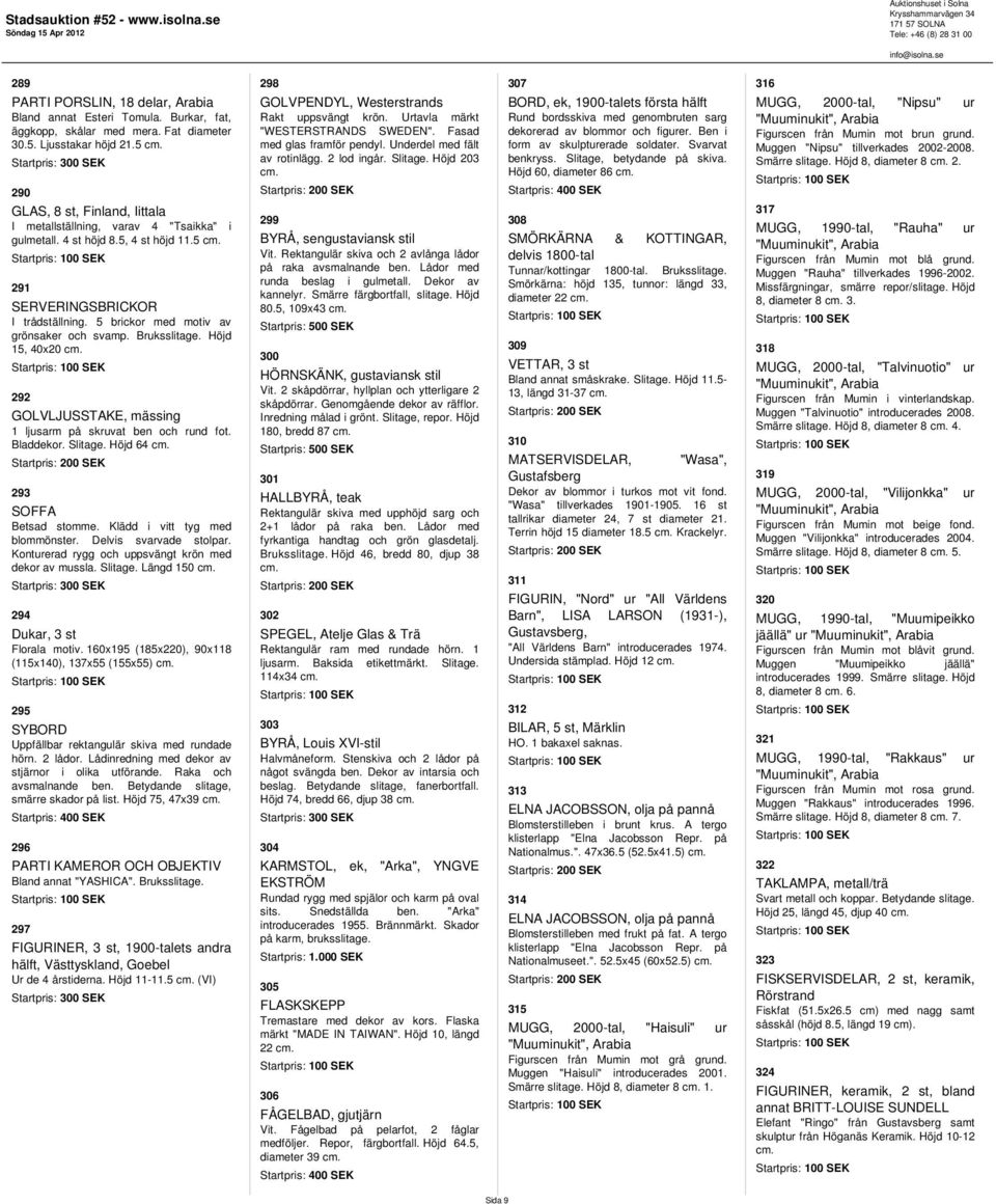 Bruksslitage. Höjd 15, 40x20 292 GOLVLJUSSTAKE, mässing 1 ljusarm på skruvat ben och rund fot. Bladdekor. Slitage. Höjd 64 293 SOFFA Betsad stomme. Klädd i vitt tyg med blommönster.