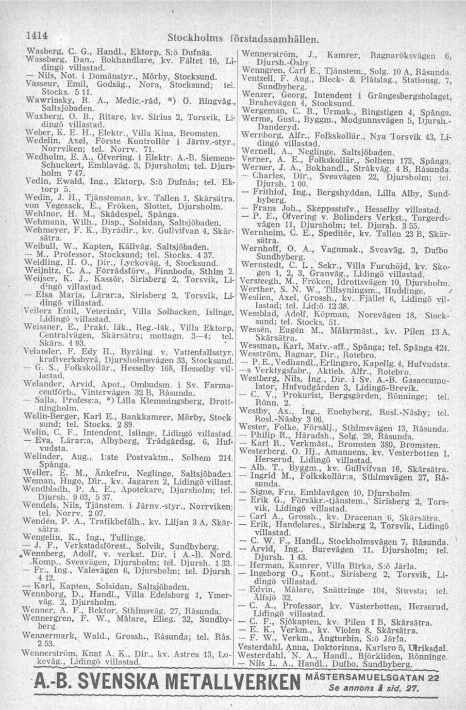 Intendent i Grängesbergsbolaget, Wawrinsky, R,A, Medlcråd, *) O Hingväg, Brabevågen 4, Stocksund Saltsjöbaden, Wergeman, C R; Urmak, Ringstigen 4, Spånga Waxberg, O B, Ritare, kv Sirius 2, Torsvik,