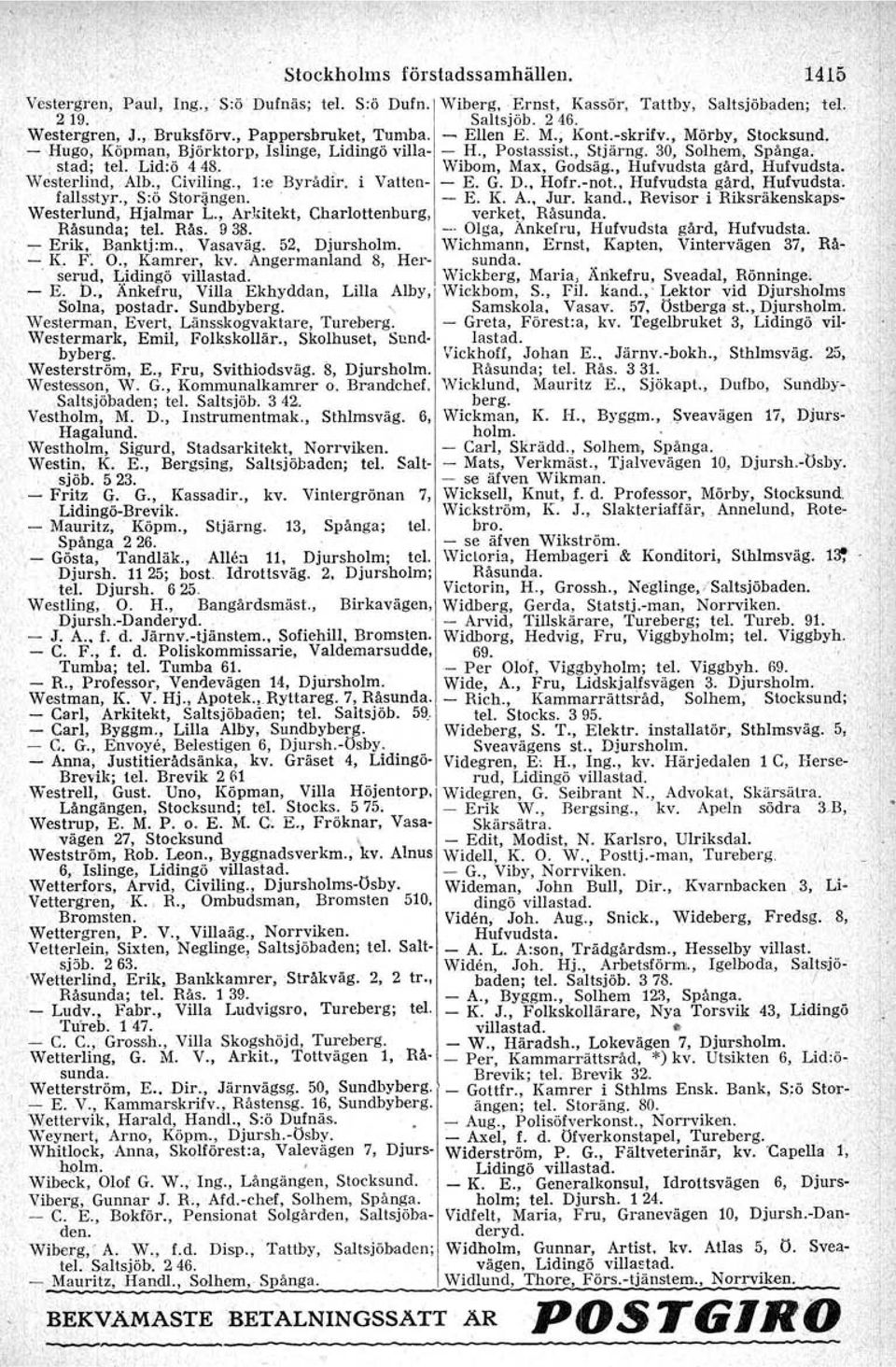 b, Änkefru, Villa Ekhyddan, Lilla Alby, Solna, postadr Sundbyberg " Westerman Evert, Länsskogvaktare, Tureherg Westerrnark, Emil, Folkskollär, Skolhuset, Sundbyberg Westerstr öm, E, Fru, Svithlodsväg