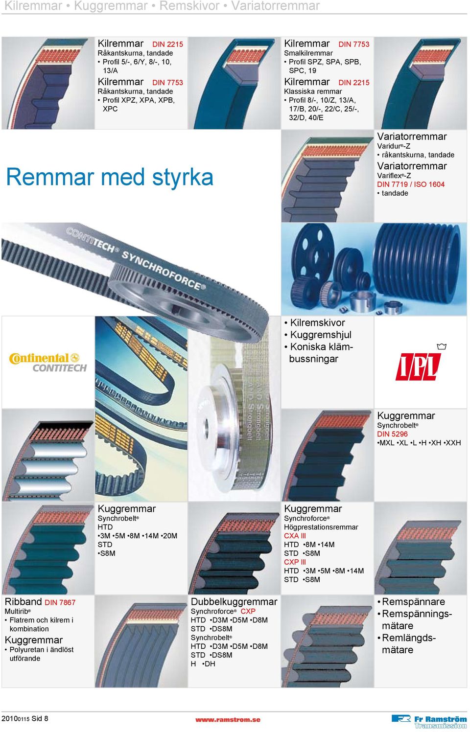 råkantskurna, tandade Variatorremmar Variflex -Z DIN 7719 / ISO 1604 tandade Kilremskivor Kuggremshjul Koniska klämbussningar Kuggremmar Synchrobelt DIN 5296 MXL XL L H XH XXH Kuggremmar Synchrobelt