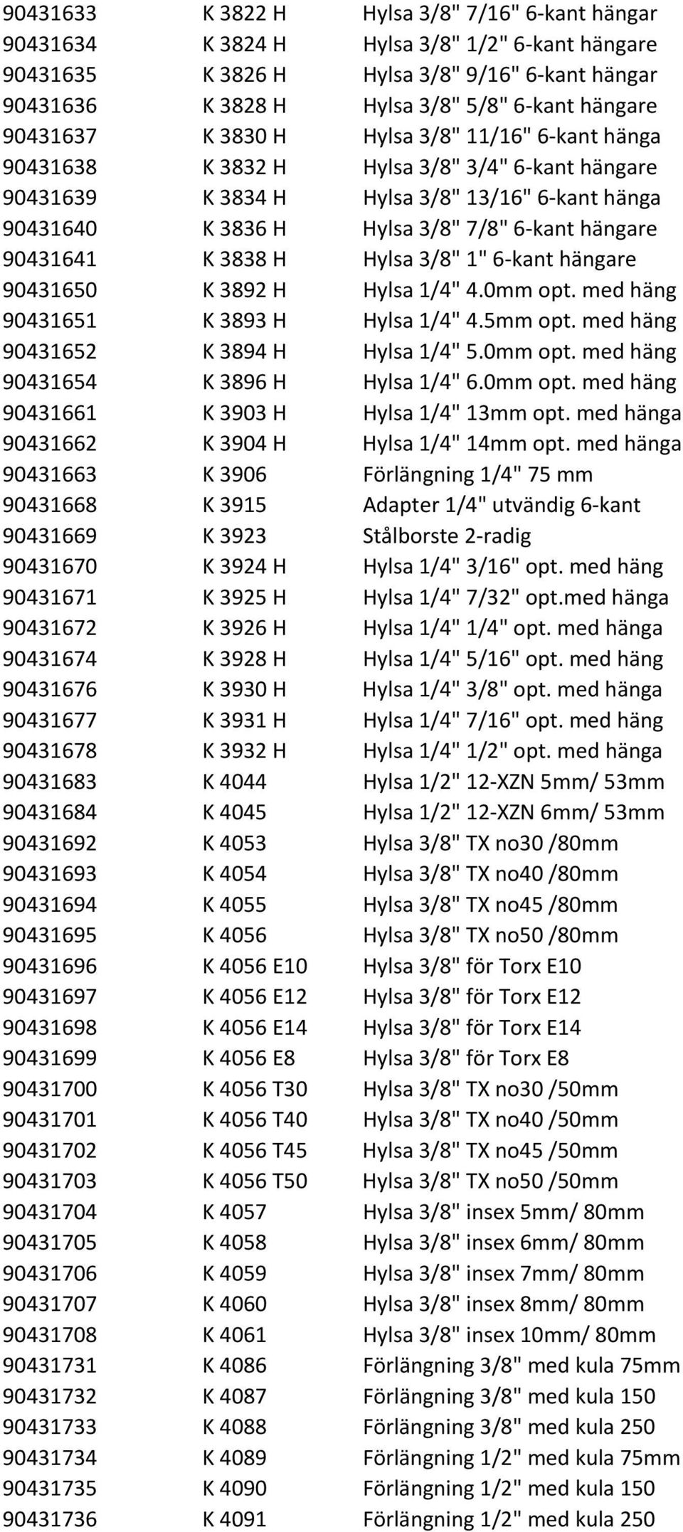 90431641 K 3838 H Hylsa 3/8" 1" 6 kant hängare 90431650 K 3892 H Hylsa 1/4" 4.0mm opt. med häng 90431651 K 3893 H Hylsa 1/4" 4.5mm opt. med häng 90431652 K 3894 H Hylsa 1/4" 5.0mm opt. med häng 90431654 K 3896 H Hylsa 1/4" 6.