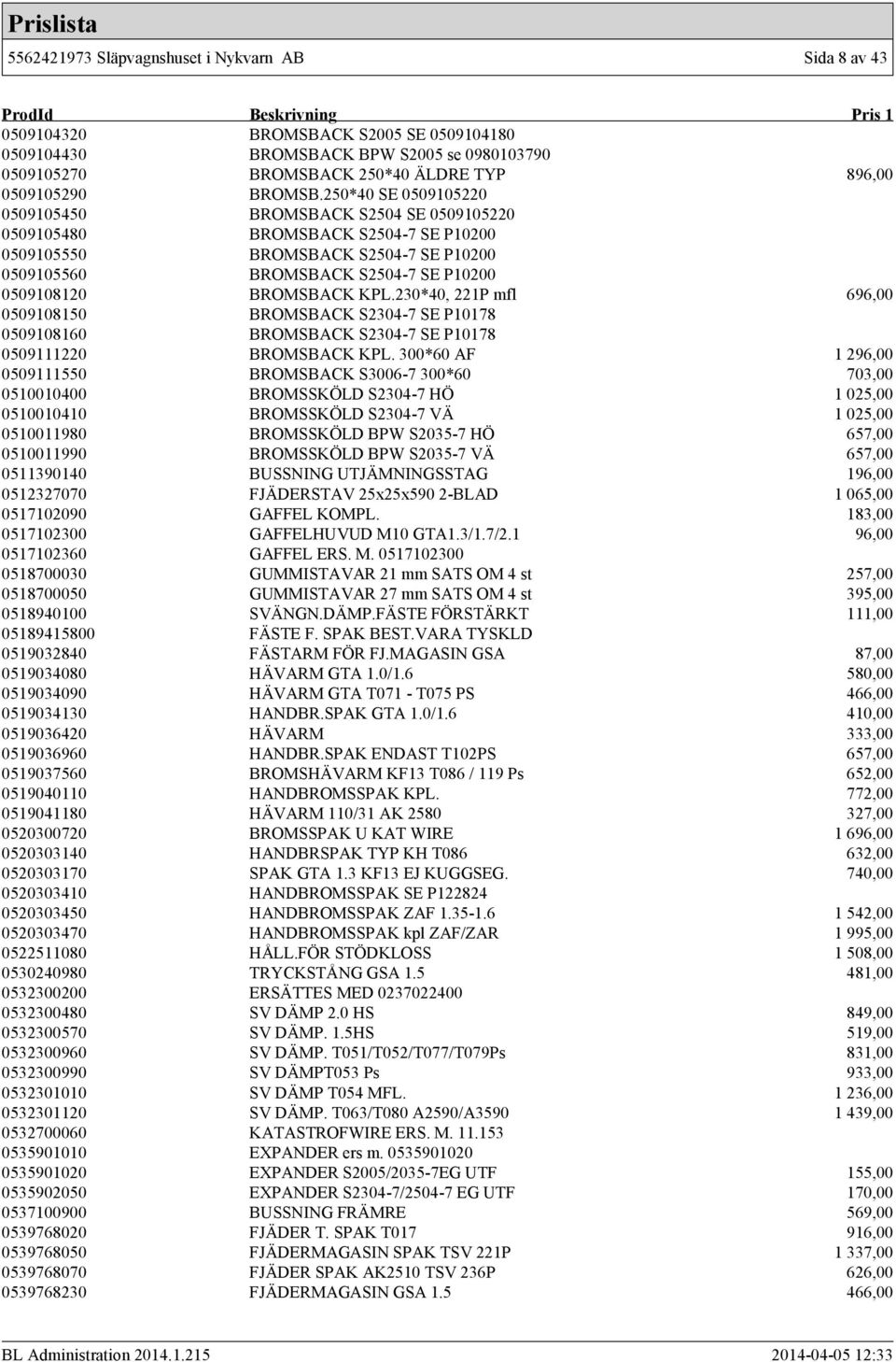 250*40 SE 0509105220 0509105450 BROMSBACK S2504 SE 0509105220 0509105480 BROMSBACK S2504-7 SE P10200 0509105550 BROMSBACK S2504-7 SE P10200 0509105560 BROMSBACK S2504-7 SE P10200 0509108120 BROMSBACK