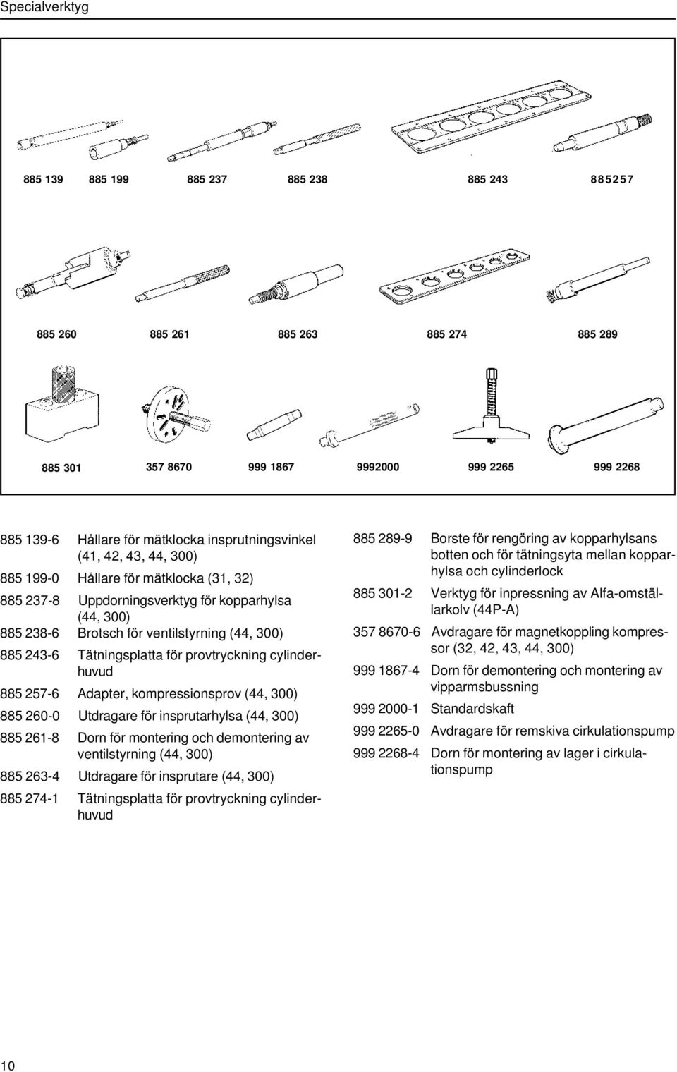 Tätningsplatta för provtryckning cylinderhuvud 885 257-6 Adapter, kompressionsprov (44, 300) 885 260-0 Utdragare för insprutarhylsa (44, 300) 885 261-8 Dorn för montering och demontering av