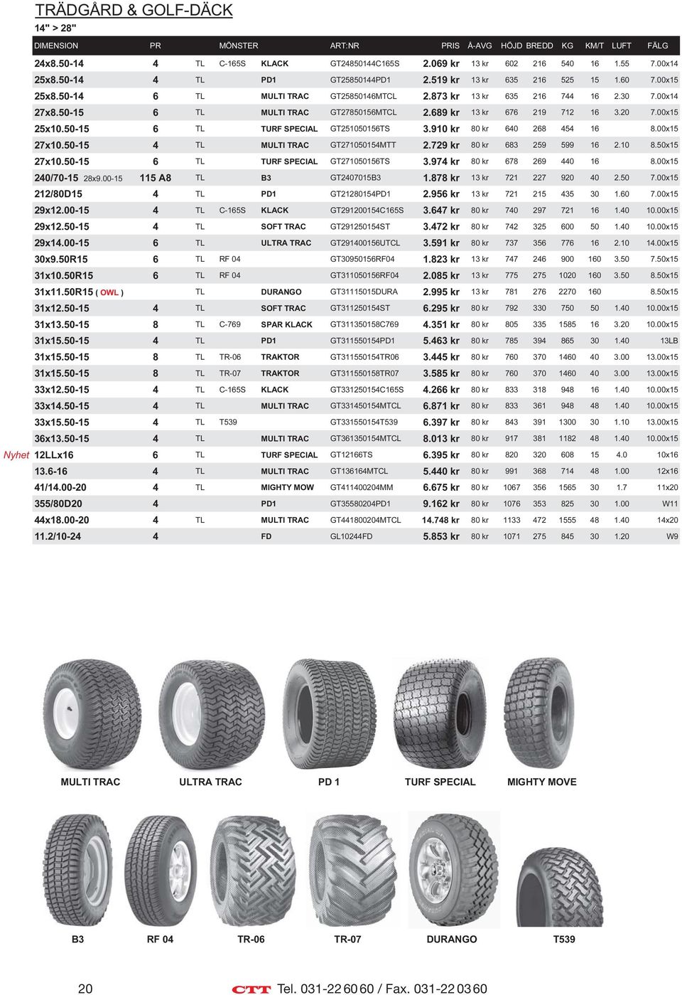 50-15 6 TL MULTI TRAC GT27850156MTCL 2.689 kr 13 kr 676 219 712 16 3.20 7.00x15 25x10.50-15 6 TL TURF SPECIAL GT251050156TS 3.910 kr 80 kr 640 268 454 16 8.00x15 27x10.