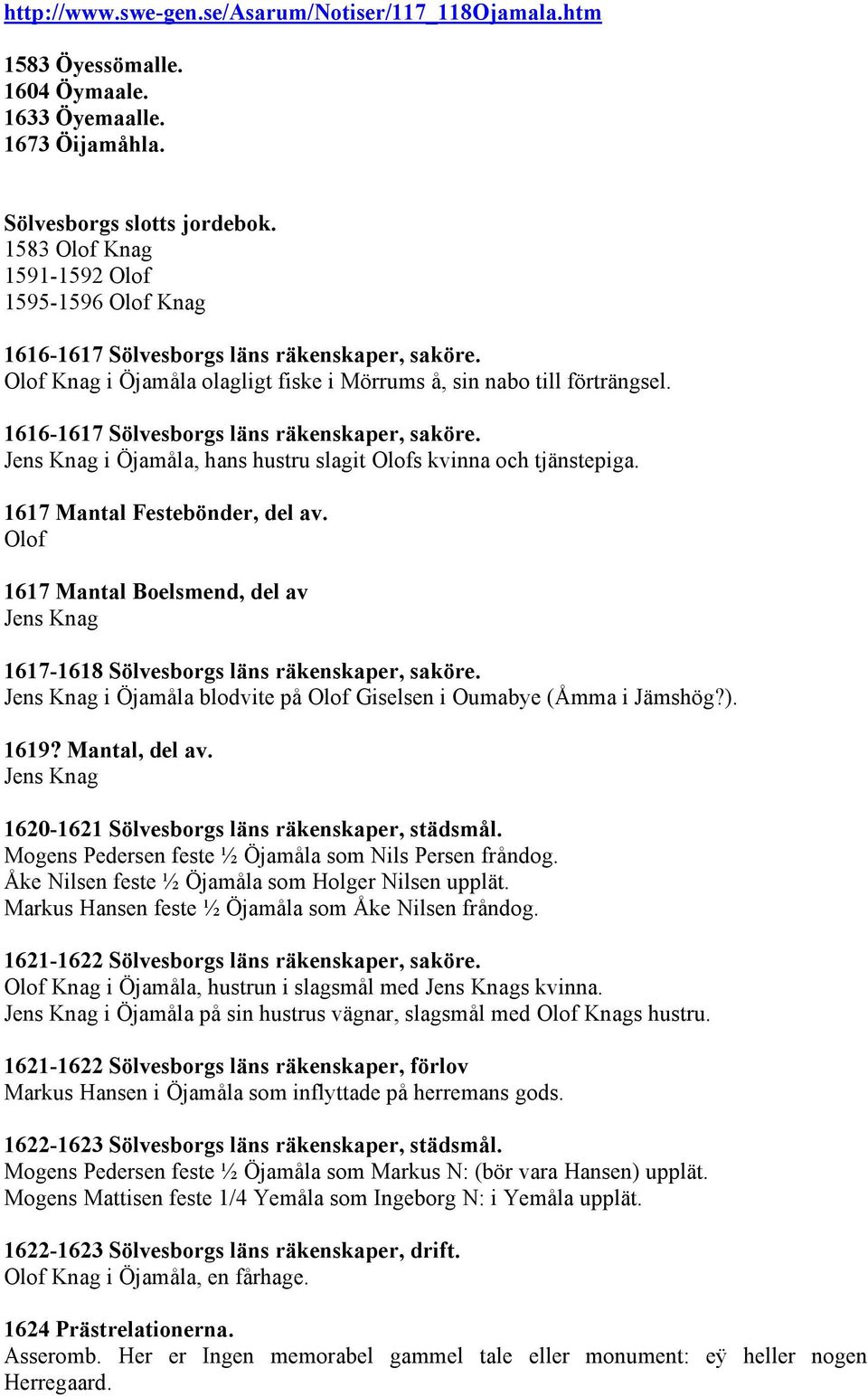 1616-1617 Sölvesborgs läns räkenskaper, saköre. Jens Knag i Öjamåla, hans hustru slagit Olofs kvinna och tjänstepiga. 1617 Mantal Festebönder, del av.