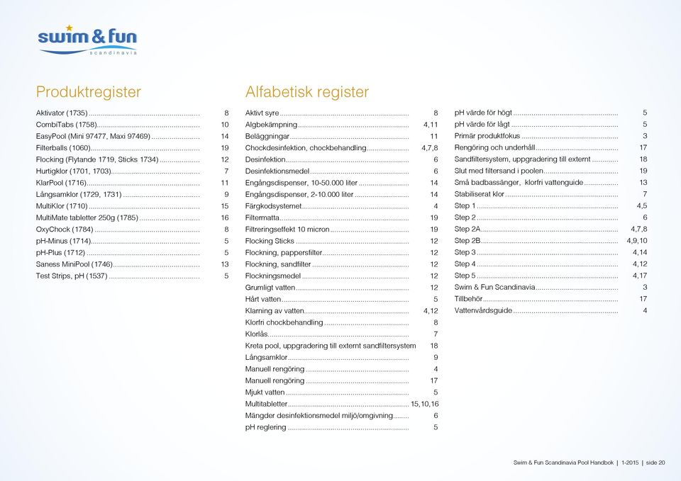 .. 5 Saness MiniPool (1746)... 13 Test Strips, ph (1537)... 5 Alfabetisk register Aktivt syre... 8 Algbekämpning... 4,11 Beläggningar... 11 Chockdesinfektion, chockbehandling... 4,7,8 Desinfektion.