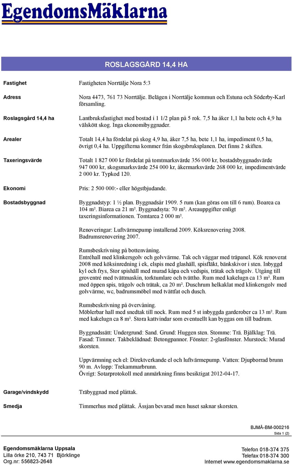 Totalt 14,4 ha fördelat på skog 4,9 ha, åker 7,5 ha, bete 1,1 ha, impediment 0,5 ha, övrigt 0,4 ha. Uppgifterna kommer från skogsbruksplanen. Det finns 2 skiften.