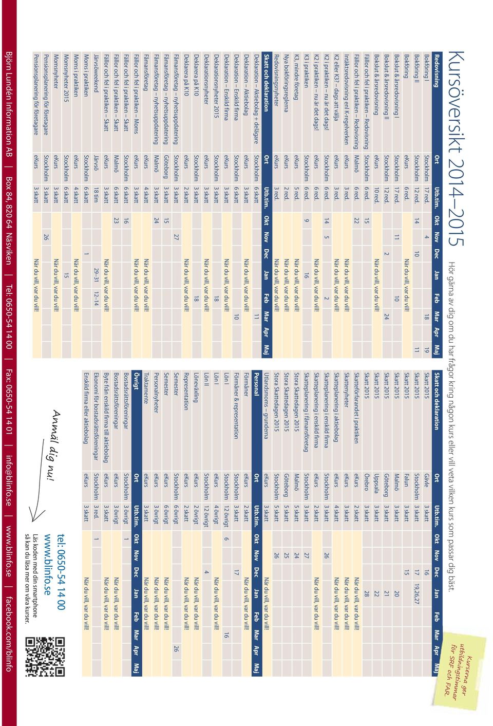 Okt Nov Dec Jan Feb Mar Apr Maj Bokföring I Stockholm 17 red. 4 18 19 Bokföring II Stockholm 12 red. 14 10 11 Bokföring ekurs 6 red. När du vill, var du vill!