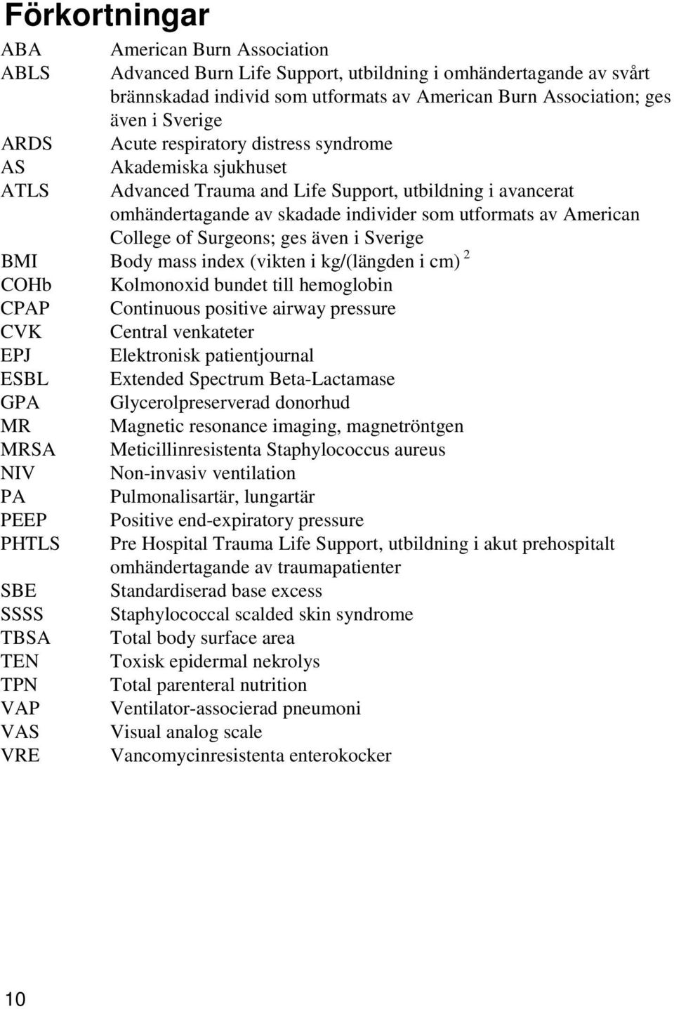 of Surgeons; ges även i Sverige BMI Body mass index (vikten i kg/(längden i cm) 2 COHb Kolmonoxid bundet till hemoglobin CPAP Continuous positive airway pressure CVK Central venkateter EPJ