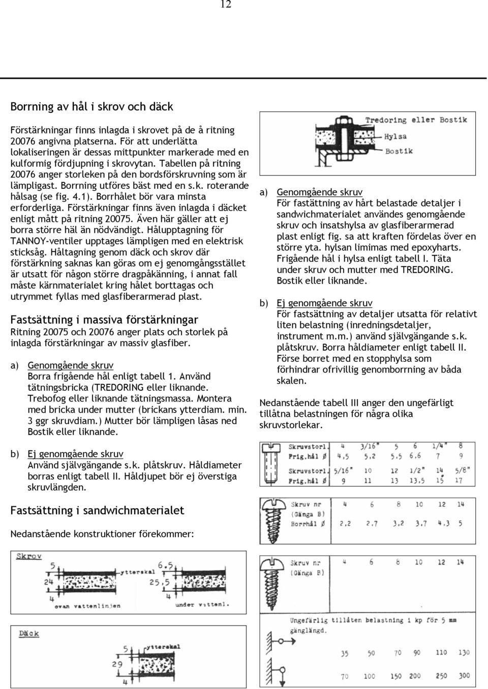 Borrning utföres bäst med en s.k. roterande hålsag (se fig. 4.1). Borrhålet bör vara minsta erforderliga. Förstärkningar finns även inlagda i däcket enligt mått på ritning 20075.