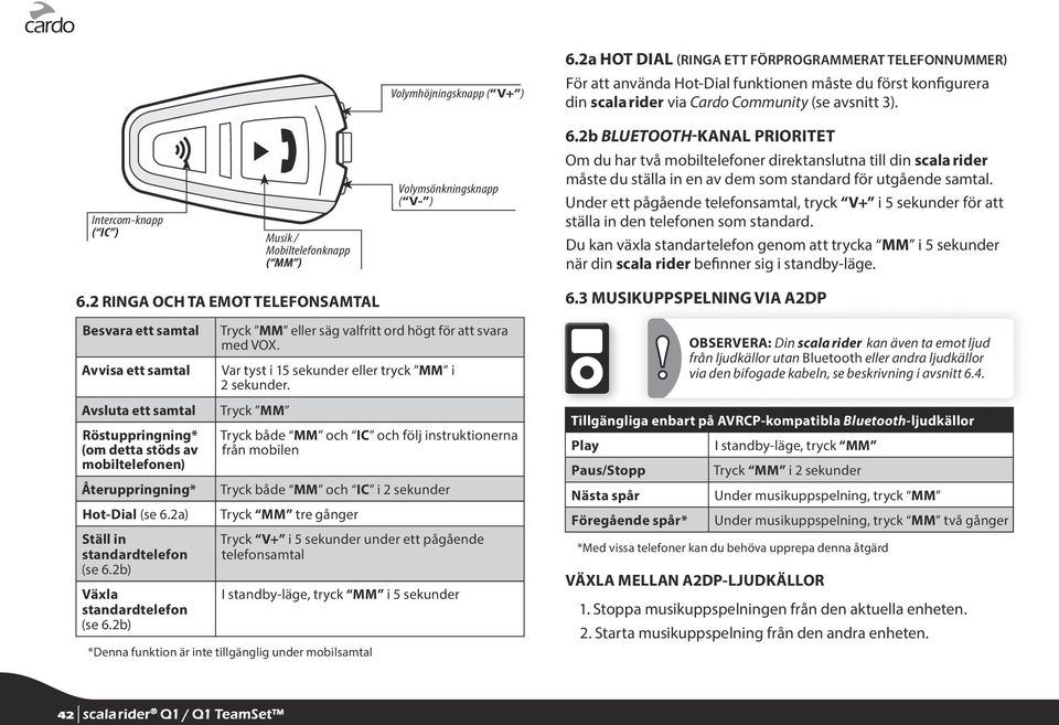 din scala rider måste du ställa in en av dem som standard för utgående samtal. Under ett pågående telefonsamtal, tryck V+ i 5 sekunder för att ställa in den telefonen som standard.