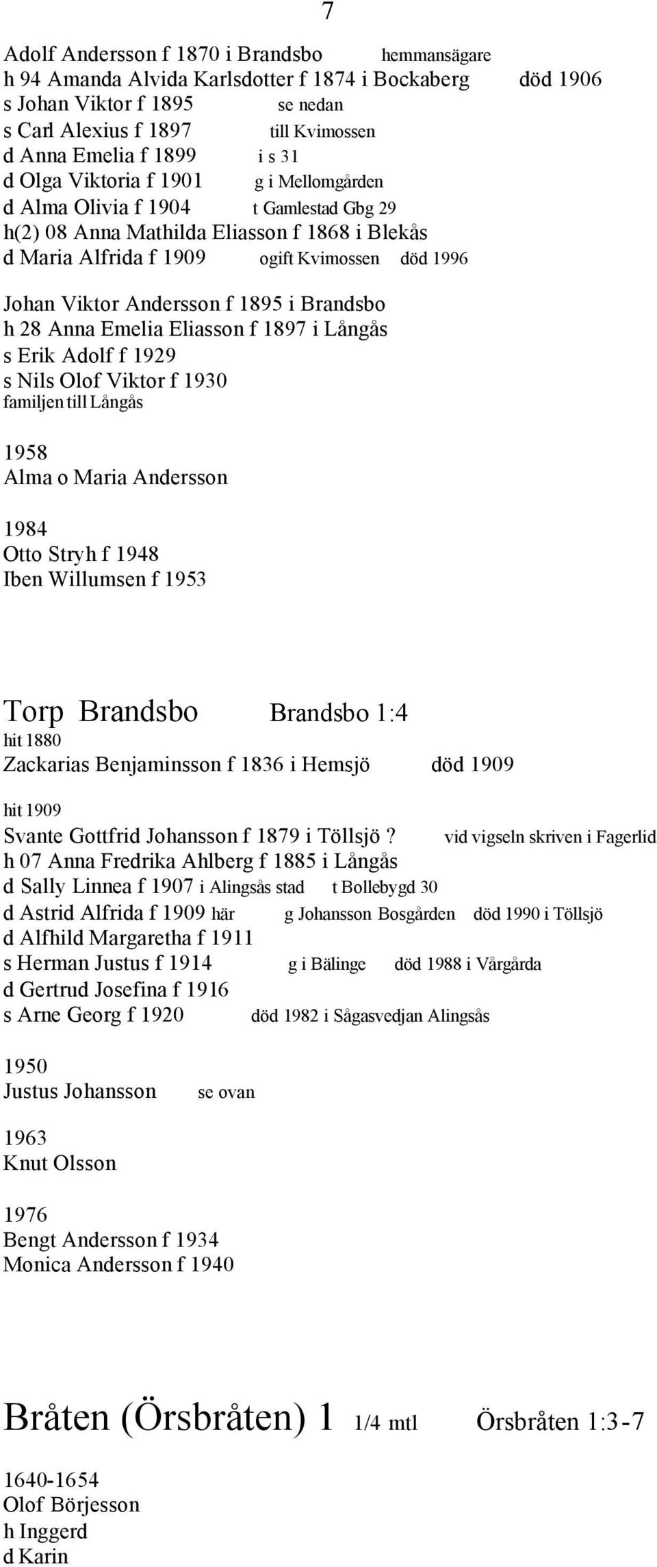 Andersson f 1895 i Brandsbo h 28 Anna Emelia Eliasson f 1897 i Långås s Erik Adolf f 1929 s Nils Olof Viktor f 1930 familjen till Långås 1958 Alma o Maria Andersson 1984 Otto Stryh f 1948 Iben