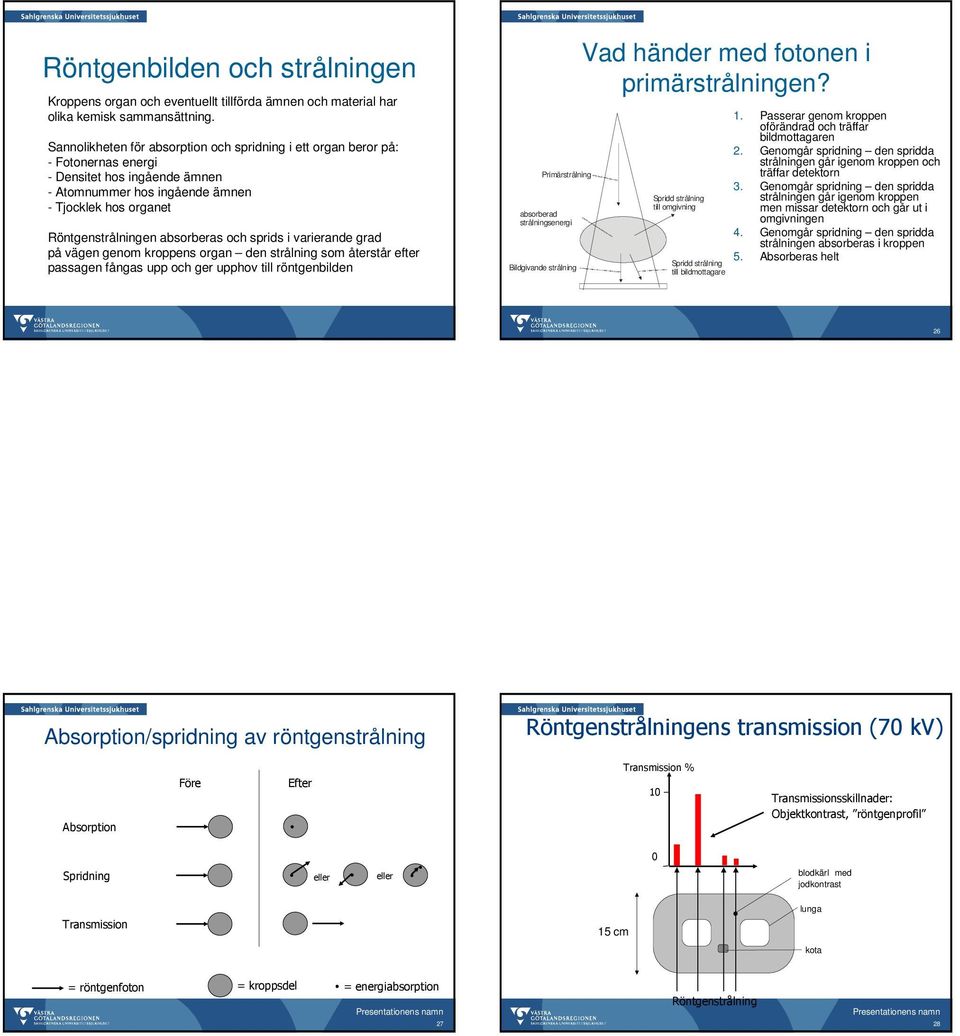 och sprids i varierande grad på vägen genom kroppens organ den strålning som återstår efter passagen fångas upp och ger upphov till röntgenbilden Primärstrålning absorberad strålningsenergi