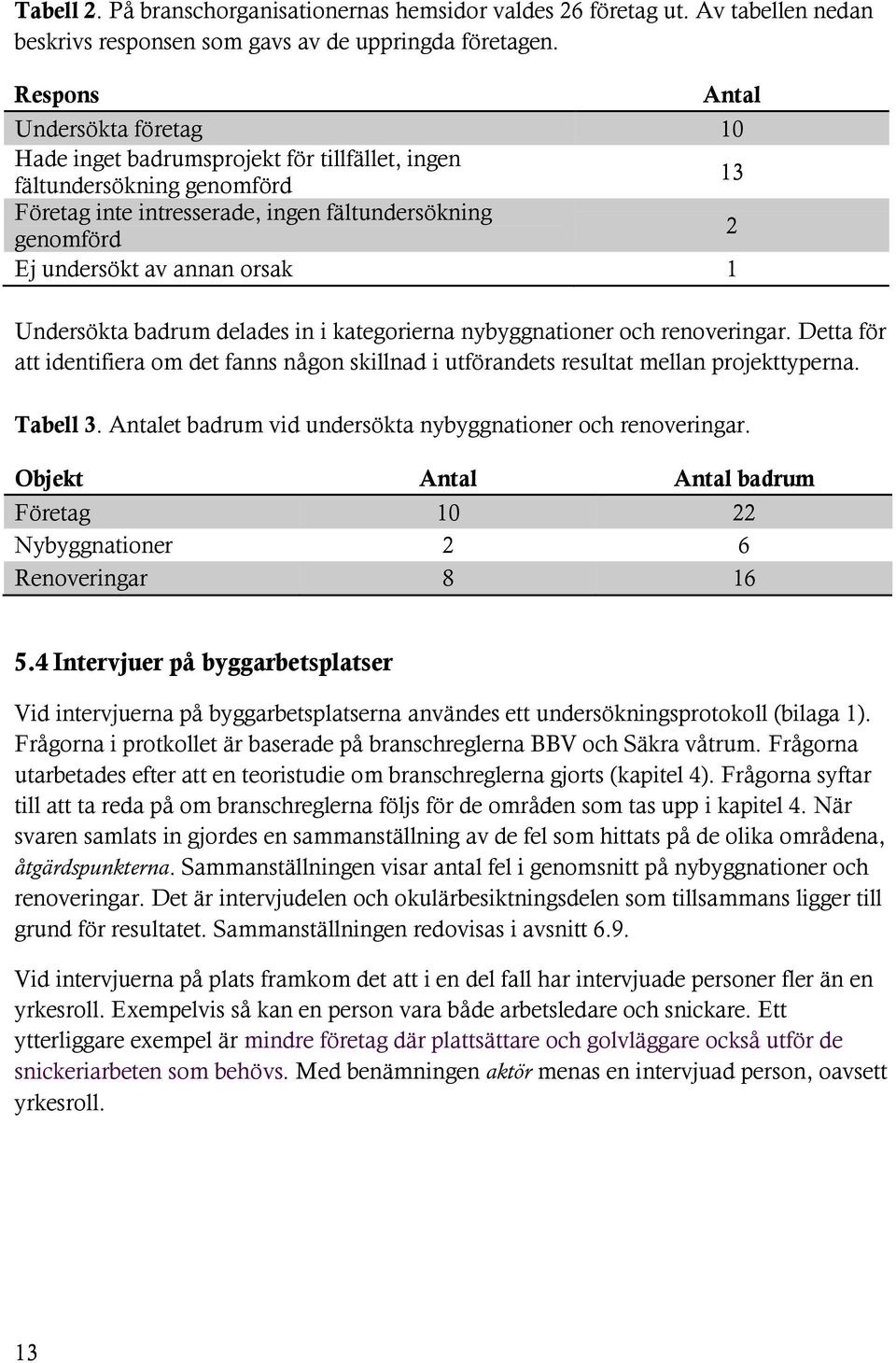 orsak 1 Undersökta badrum delades in i kategorierna nybyggnationer och renoveringar. Detta för att identifiera om det fanns någon skillnad i utförandets resultat mellan projekttyperna. Tabell 3.