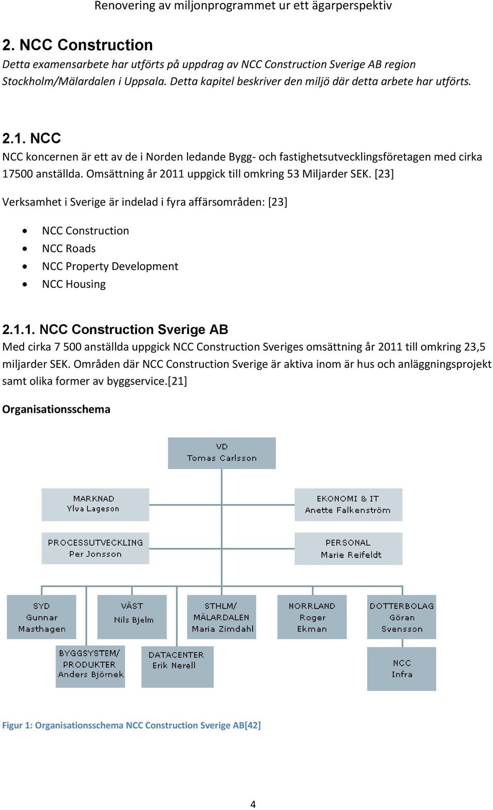 [23] Verksamhet i Sverige är indelad i fyra affärsområden: [23] NCC Construction NCC Roads NCC Property Development NCC Housing 2.1.