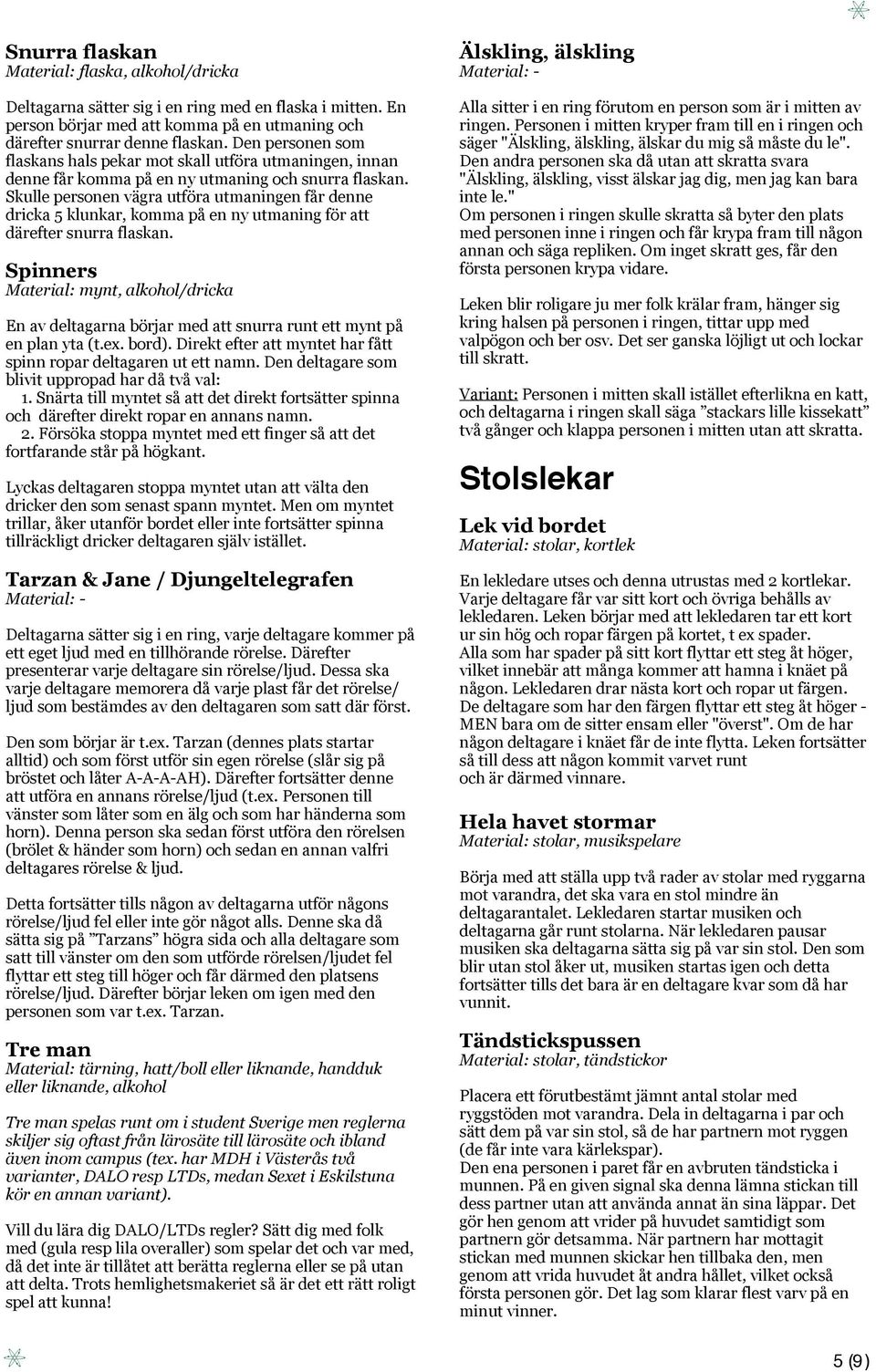 Skulle personen vägra utföra utmaningen får denne dricka 5 klunkar, komma på en ny utmaning för att därefter snurra flaskan.