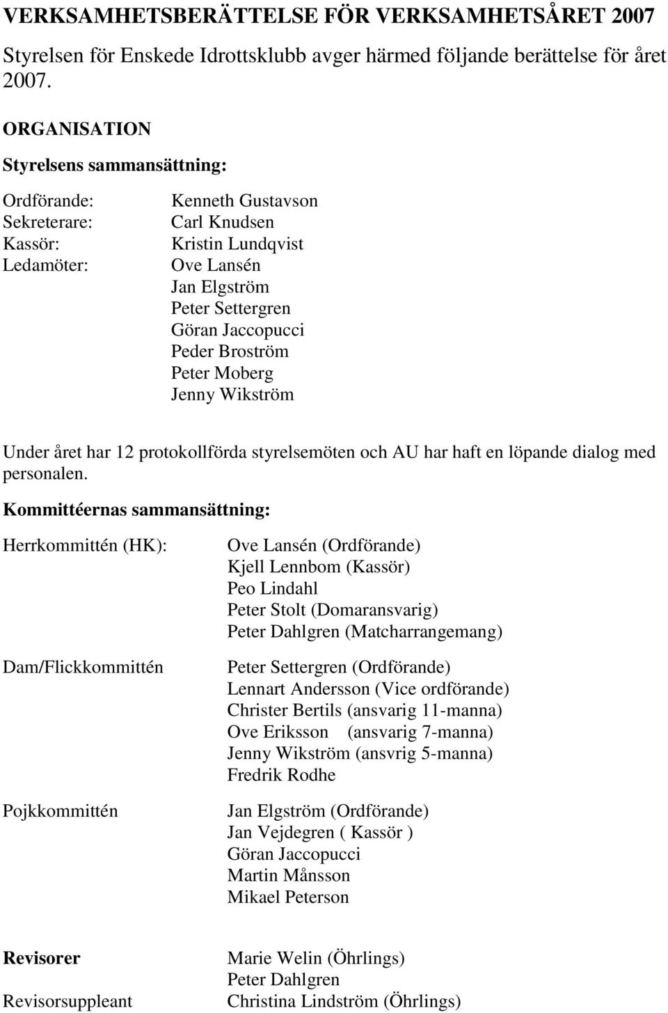 Broström Peter Moberg Jenny Wikström Under året har 12 protokollförda styrelsemöten och AU har haft en löpande dialog med personalen.