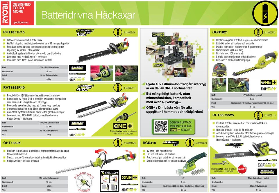 Tvåvägsrörelse 3,2 kg Ryobi 18V Lithium-Ion trädgårdsverktyg är en del av ONE+ sortimentet. 5133002111 E tt mångsidigt batteri, utan minnesfunktion, kompatibelt med över 40 verktyg.