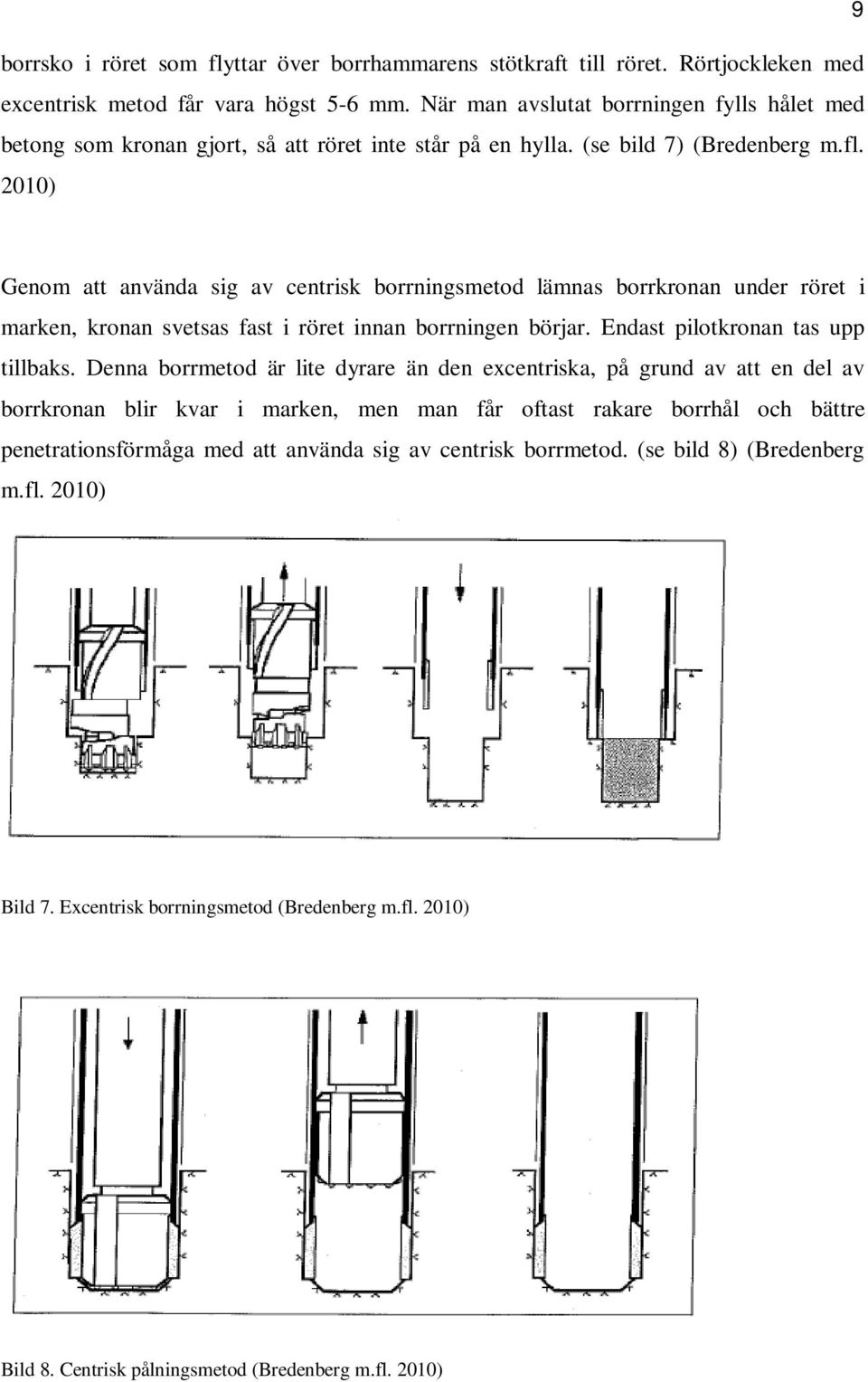 2010) Genom att använda sig av centrisk borrningsmetod lämnas borrkronan under röret i marken, kronan svetsas fast i röret innan borrningen börjar. Endast pilotkronan tas upp tillbaks.