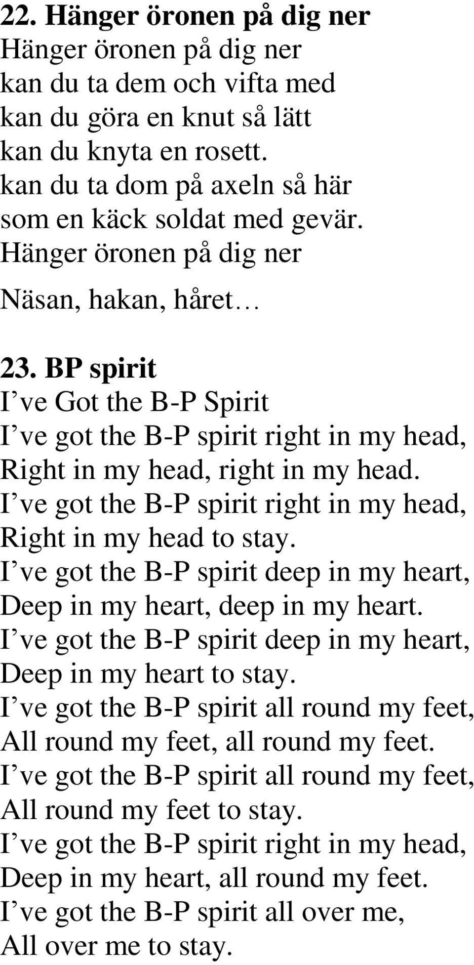 I ve got the B-P spirit right in my head, Right in my head to stay. I ve got the B-P spirit deep in my heart, Deep in my heart, deep in my heart.