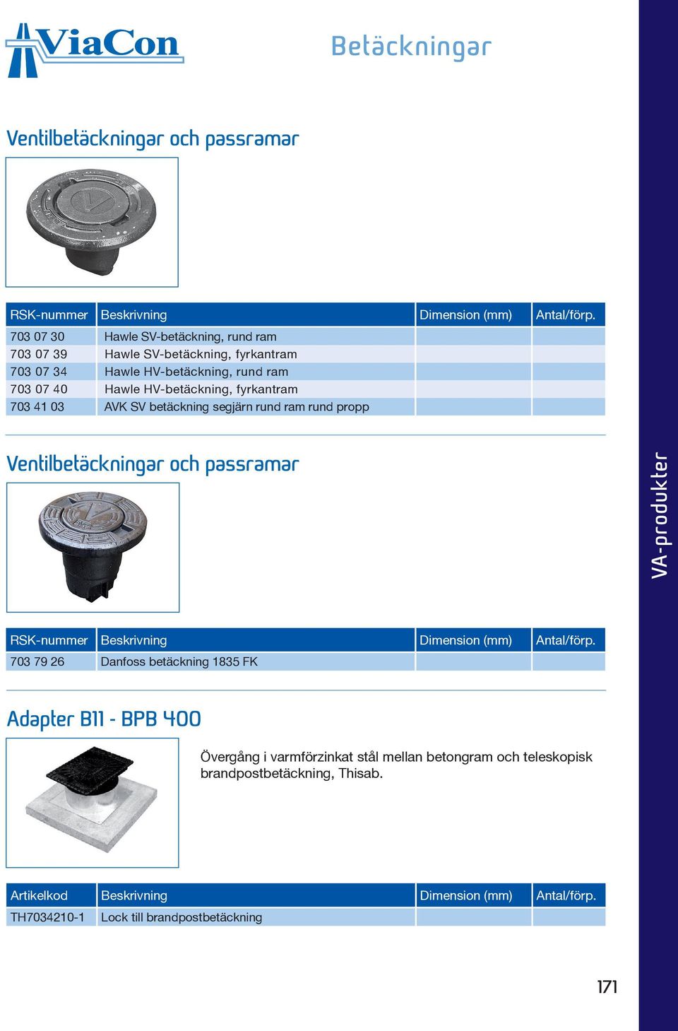 fyrkantram 703 41 03 AVK SV betäckning segjärn rund ram rund propp Ventilbetäckningar och passramar RSK-nummer Beskrivning Dimension (mm) Antal/förp.