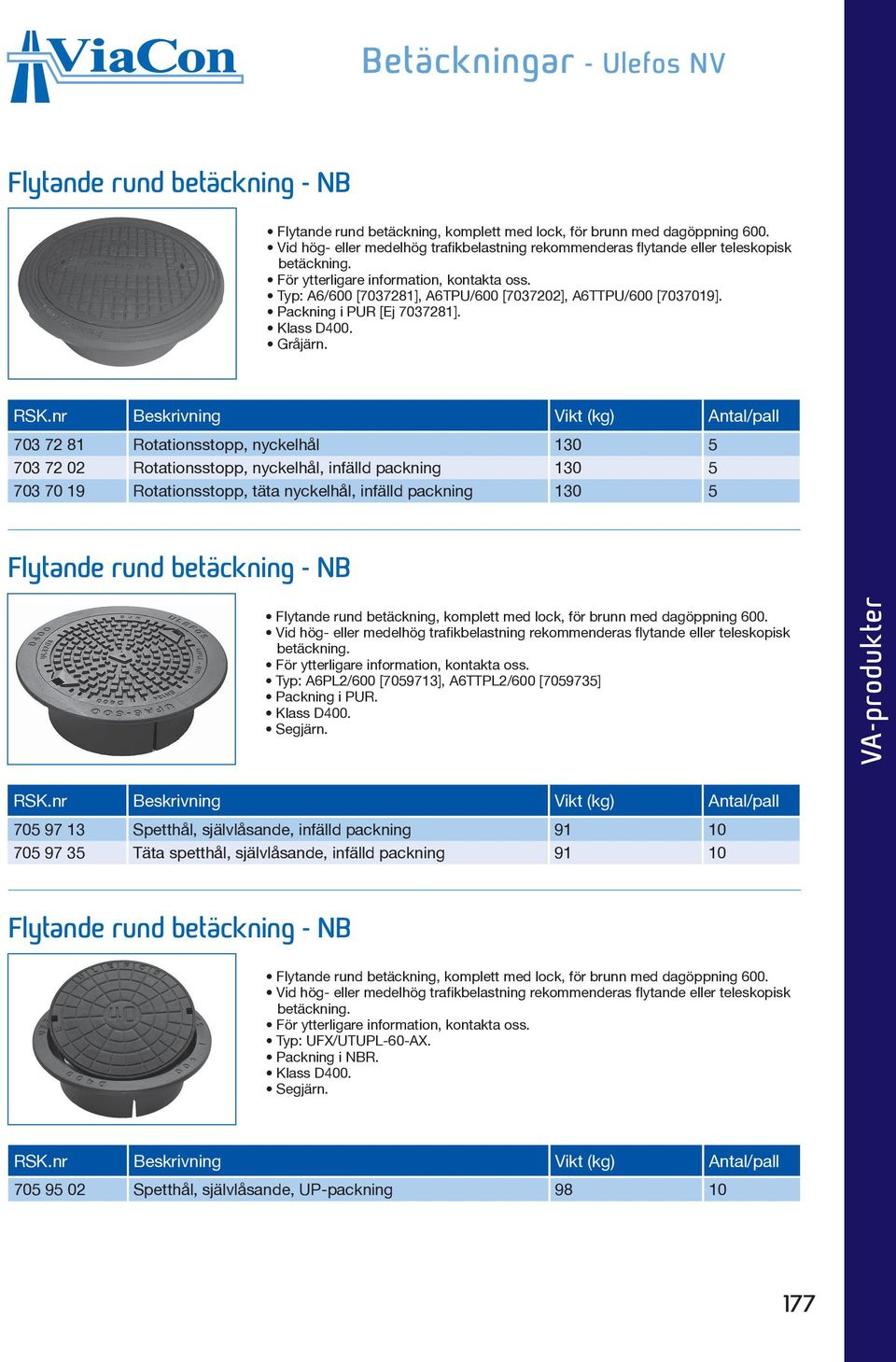 Flytande rund betäckning, komplett med lock, för brunn med dagöppning 600. Typ: A6PL2/600 [7059713], A6TTPL2/600 [7059735] Packning i PUR.