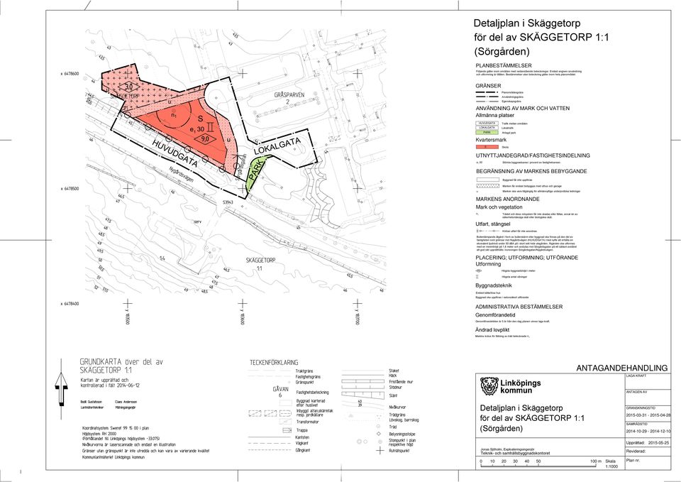 GRÄNSER Planområdesgräns Användningsgräns Egenskapsgräns ANVÄNDNING AV MARK OCH VATTEN Allmänna platser HUVUDGATA LOKALGATA PARK Kvartersmark S Trafik mellan områden Lokaltrafik Anlagd park Skola